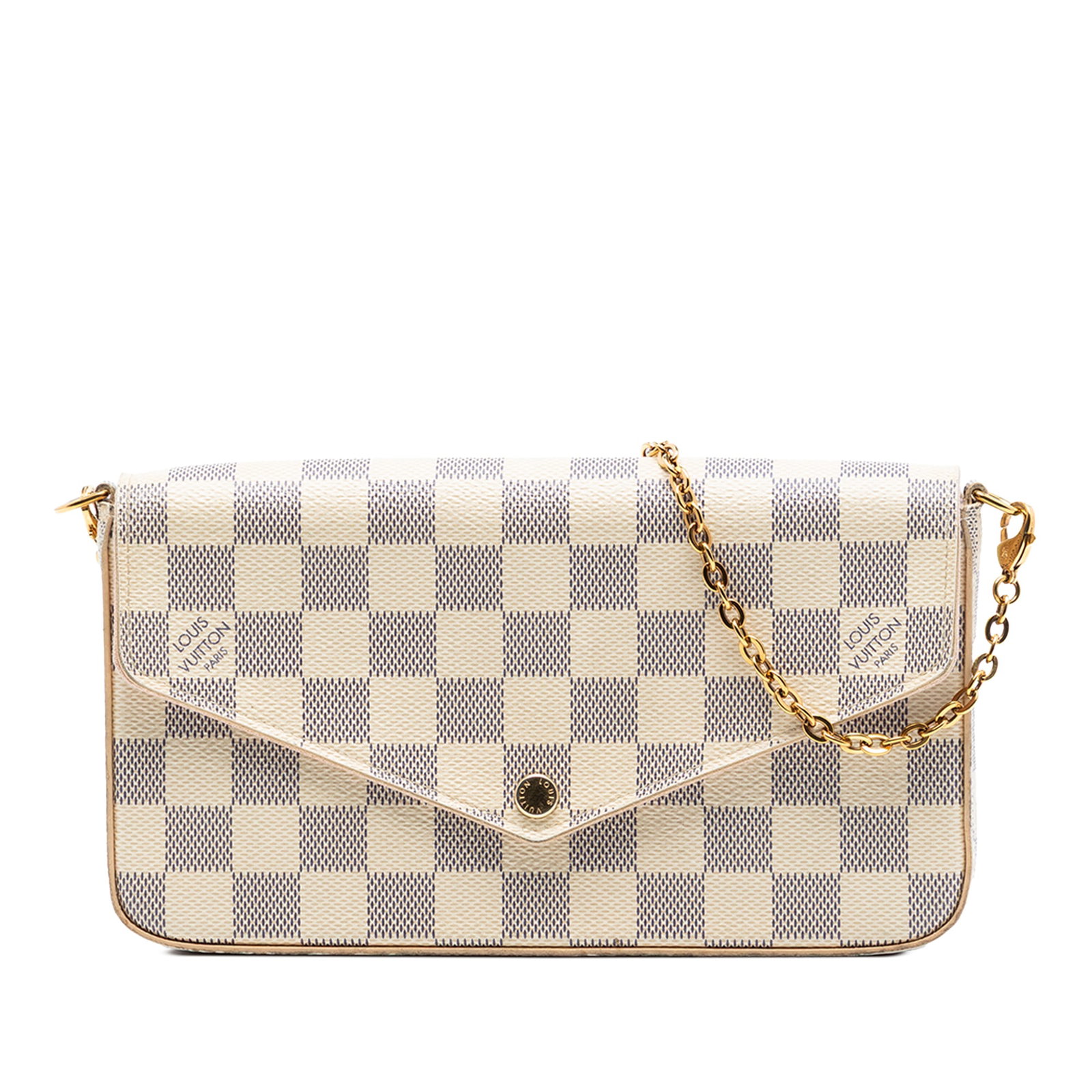 Louis Vuitton Felicie Damier Azur Crossbody Bag: Louis Vuitton Felicie Damier Azur Crossbody Bag This Louis Vuitton Damier Azur Pochette Felicie is a stylish crossbody bag crafted from Damier Azur canvas. It features a detachable gold-tone chain sho