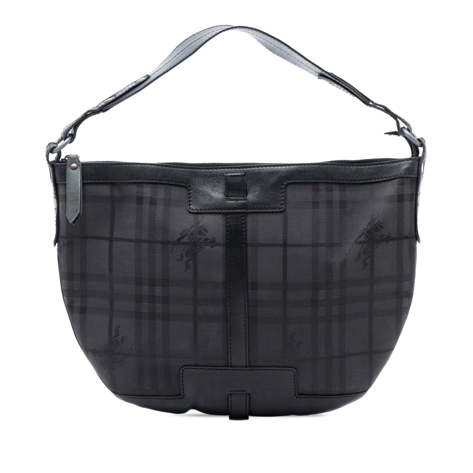 Burberry Haymarket Check Black Coated Canvas Hobo Shoulder Bag: Burberry Haymarket Check Black Coated Canvas Hobo Shoulder Bag This Burberry Haymarket Check Hobo bag features a coated canvas exterior with leather trim, a flat leather strap, and a top zip closure. 