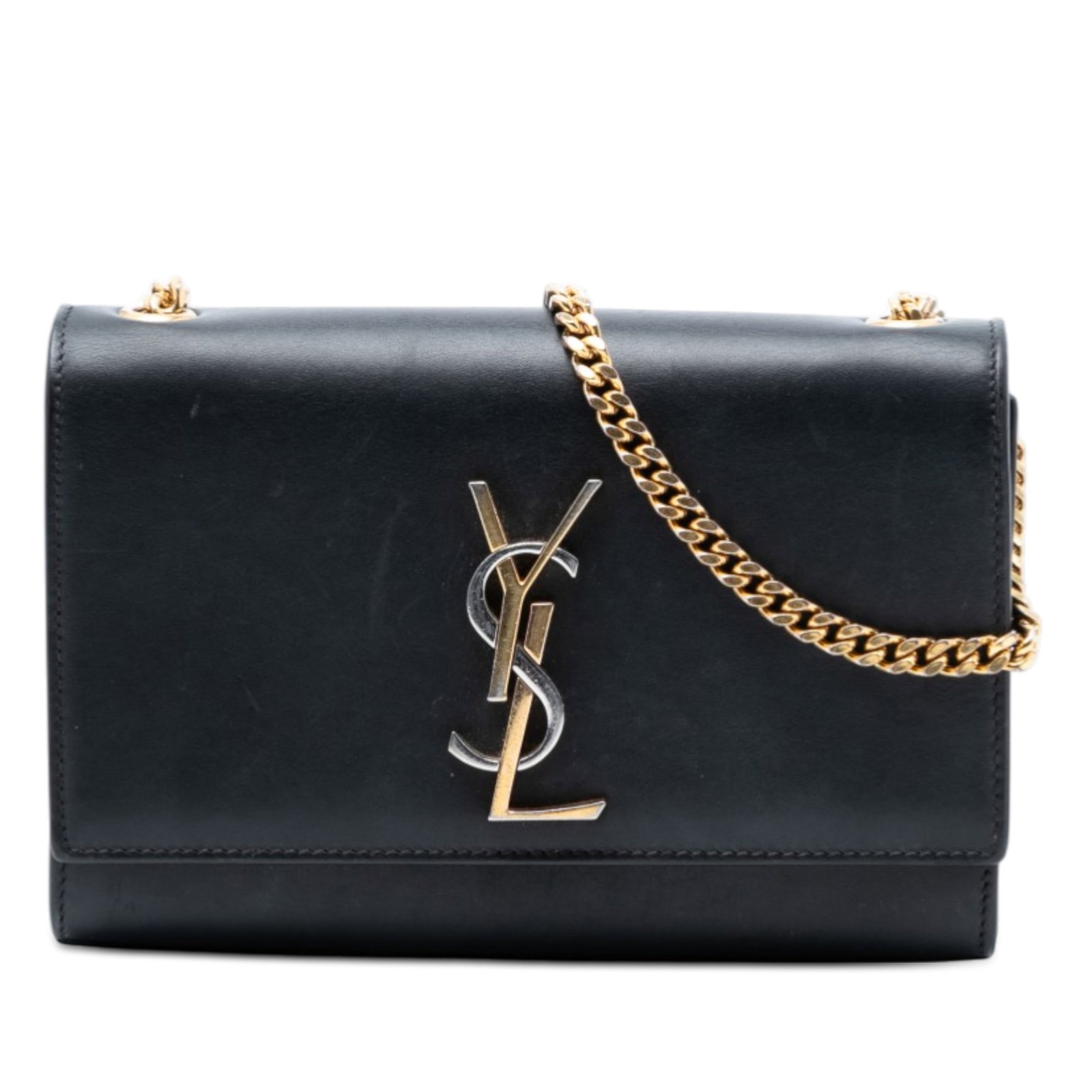 Saint Laurent Kate Small Black Leather Crossbody Bag with YSL Logo: Saint Laurent Kate Small Black Leather Crossbody Bag with YSL Logo This Saint Laurent Small Leather Monogram Kate Crossbody features a black leather exterior, a chain link shoulder strap, a front flap