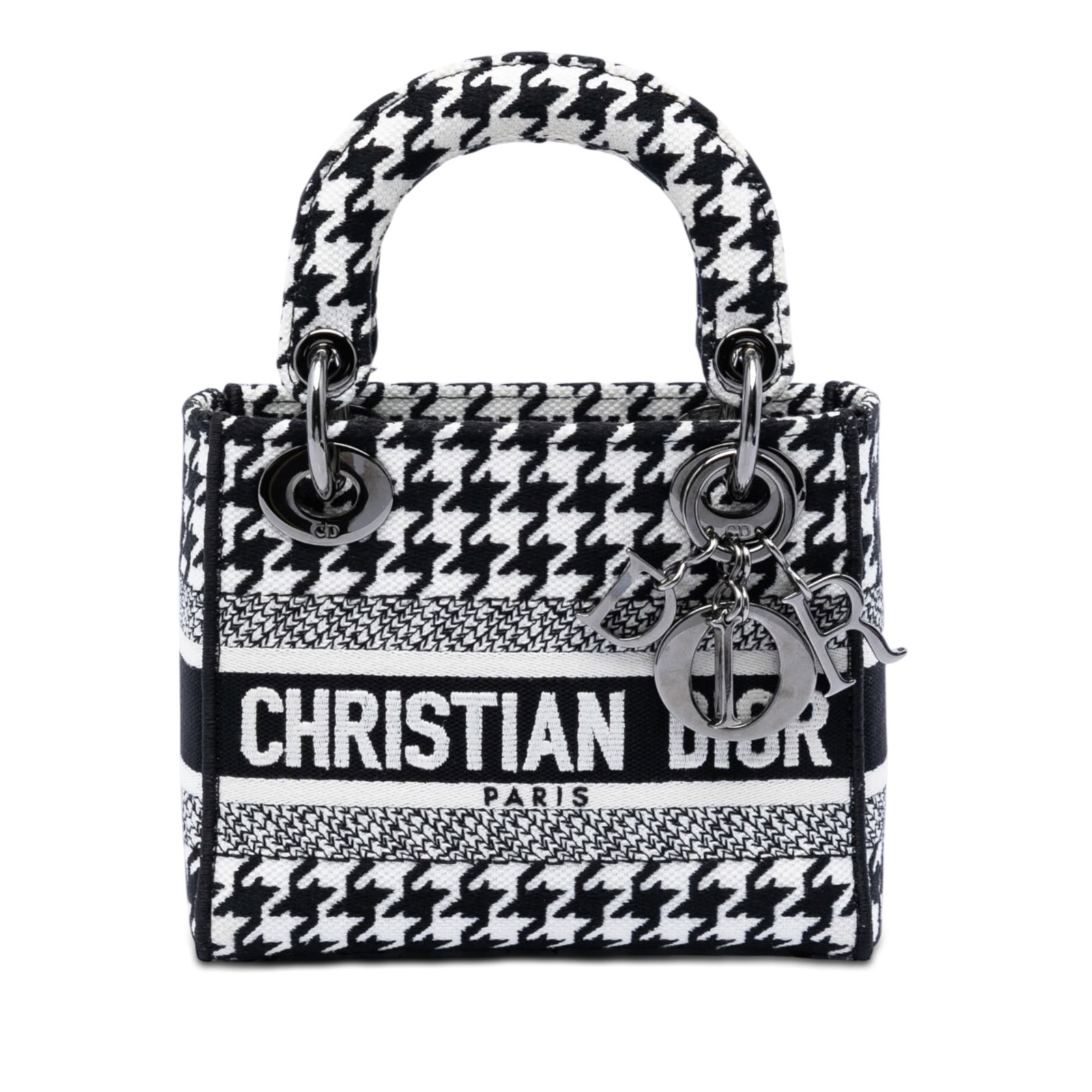 Dior Lady D Lite Mini Houndstooth Canvas Bag: Dior Lady D Lite Mini Houndstooth Canvas Bag This Dior Mini Lady D-Lite handbag features a white canvas body embroidered with a classic houndstooth pattern. It is designed with structured handles, a t