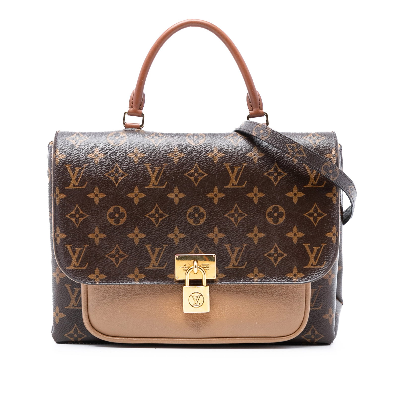 Louis Vuitton Marignan Brown Monogram Canvas Shoulder Bag with Leather Trim: Louis Vuitton Marignan Brown Monogram Canvas Shoulder Bag with Leather Trim The Louis Vuitton Monogram Marignan features a monogram canvas body with leather trim, a rolled leather top handle, a detach