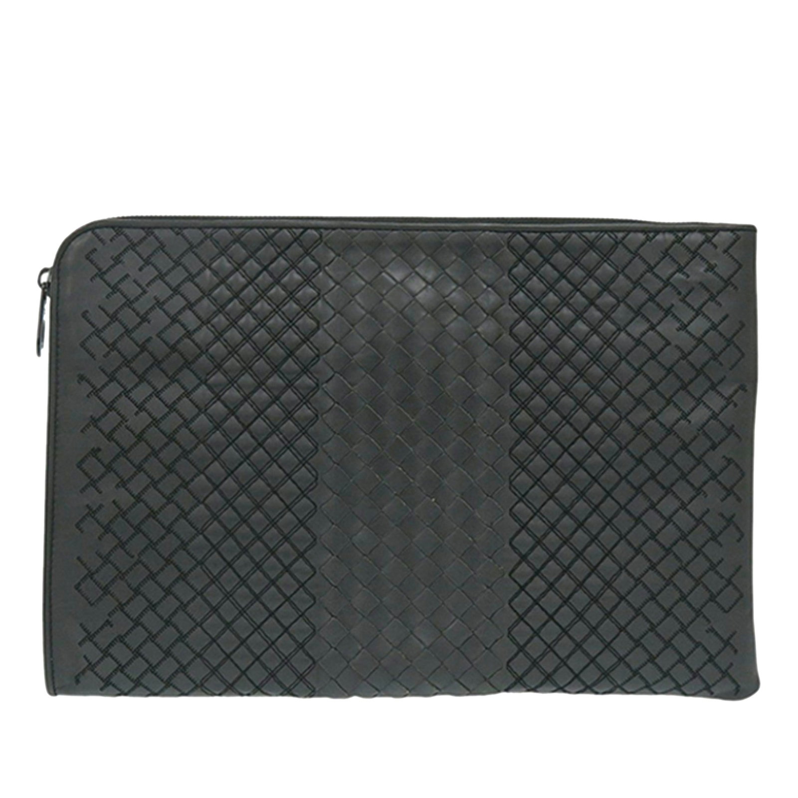 Bottega Veneta Gray Woven Leather Zip Clutch: Bottega Veneta Gray Woven Leather Zip Clutch This Bottega Veneta Nappa Intreccio Imperatore Zip Clutch features a signature woven leather exterior in gray, a top zip closure, and interior slip pockets