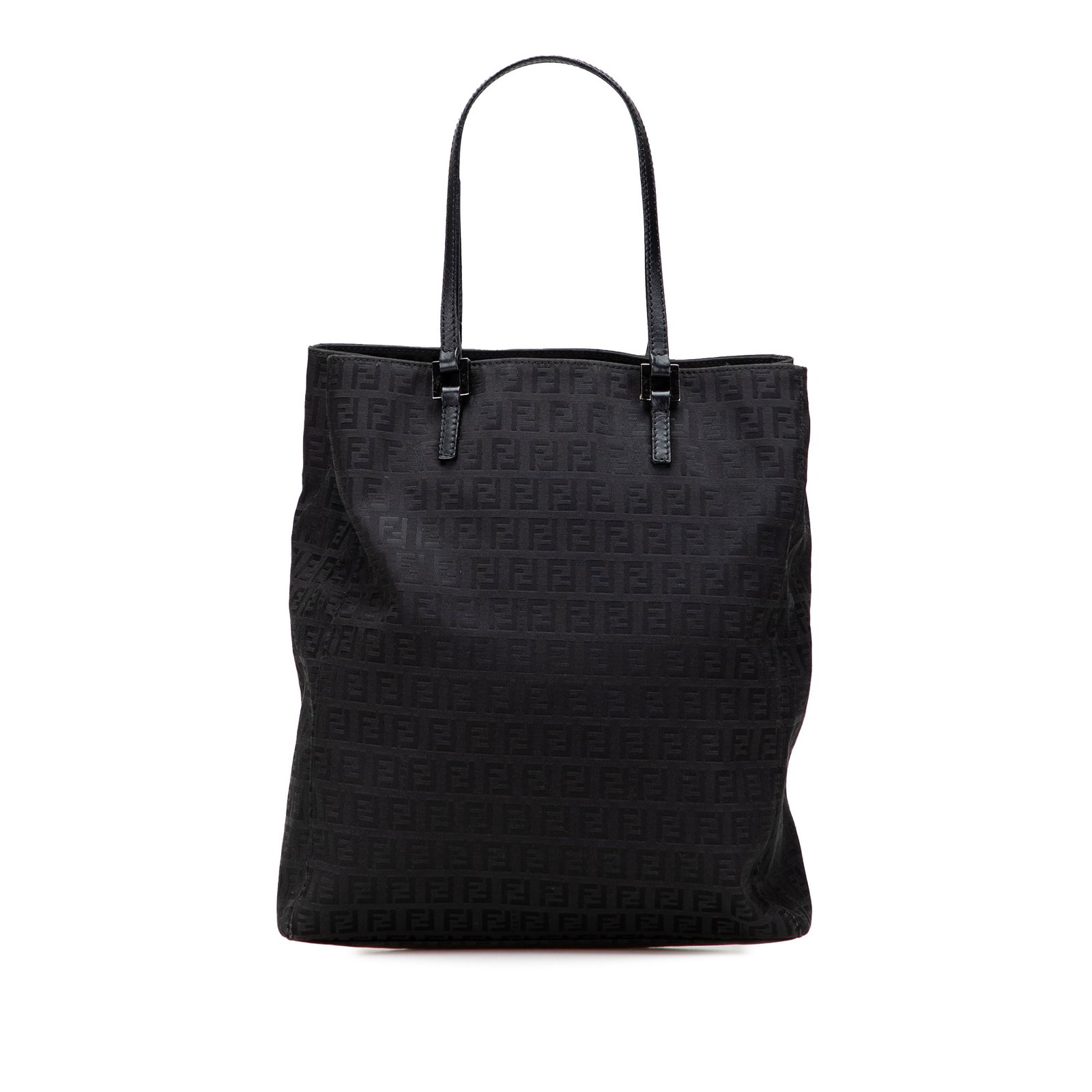 Fendi black canvas Zucchino tote bag leather handles: Fendi black canvas Zucchino tote bag leather handles This Fendi Zucchino Canvas Tote features a durable canvas body with the iconic Zucchino motif, complemented by flat leather handles. The bag has an
