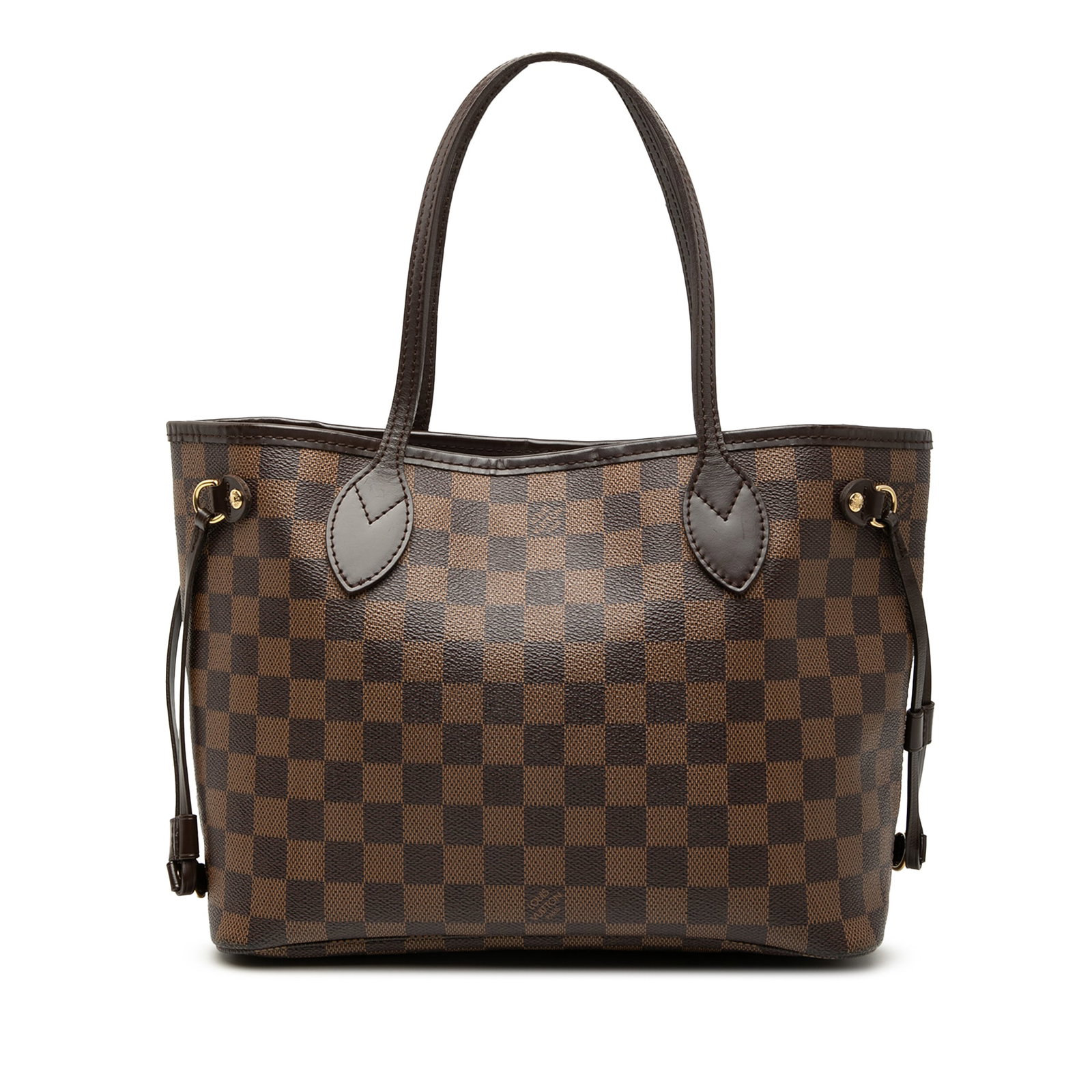 Louis Vuitton Neverfull PM Damier Ebene Brown Tote Bag: Louis Vuitton Neverfull PM Damier Ebene Brown Tote Bag This Louis Vuitton Damier Ebene Neverfull PM features a signature Damier Ebene canvas body with leather trim, flat leather straps, an open top se