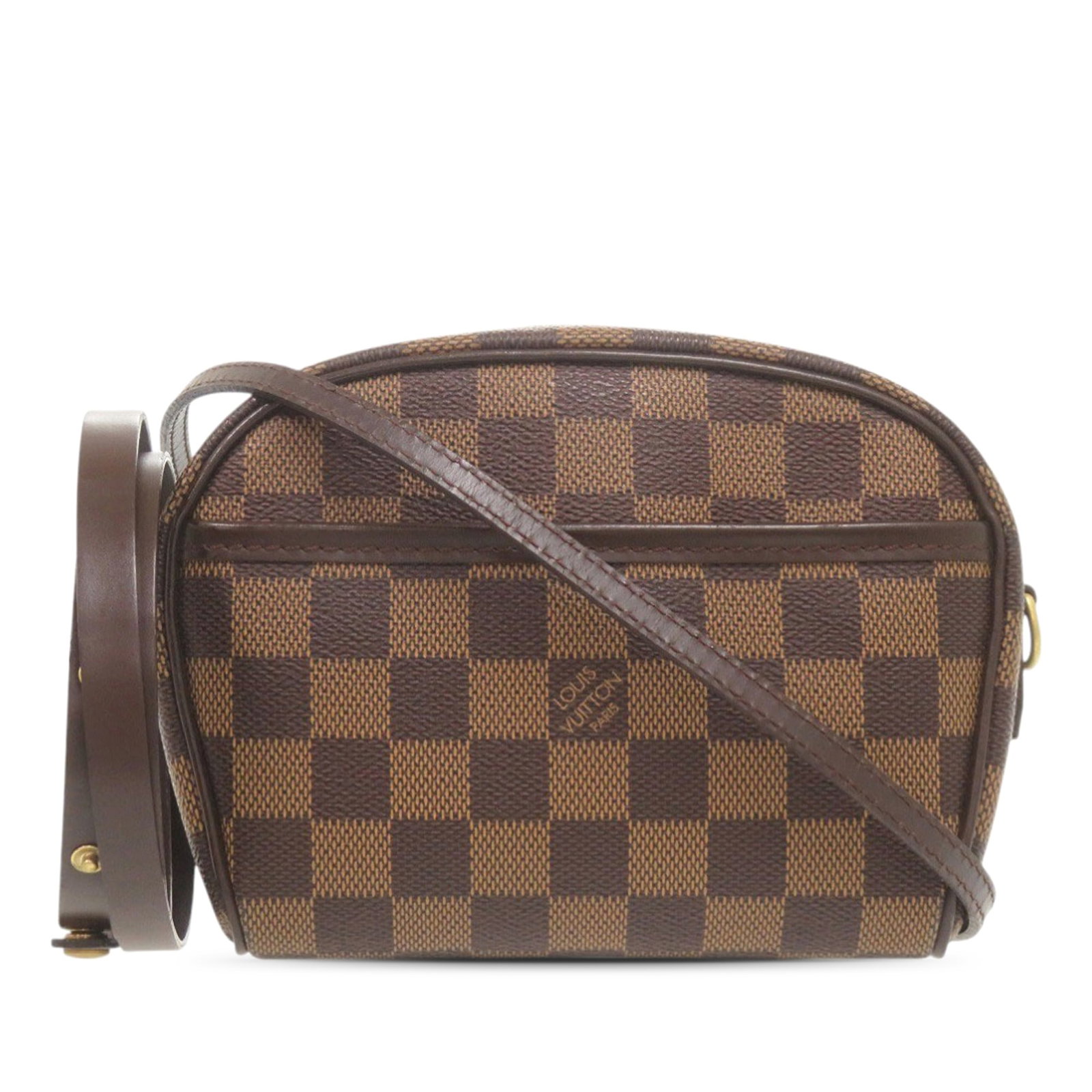 Louis Vuitton Ipanema Damier Ebene pochette bag: Louis Vuitton Ipanema Damier Ebene pochette bag This Louis Vuitton Damier Ebene Ipanema Pochette features the signature Damier Ebene canvas body with a brown color scheme, complemented by a flat leath