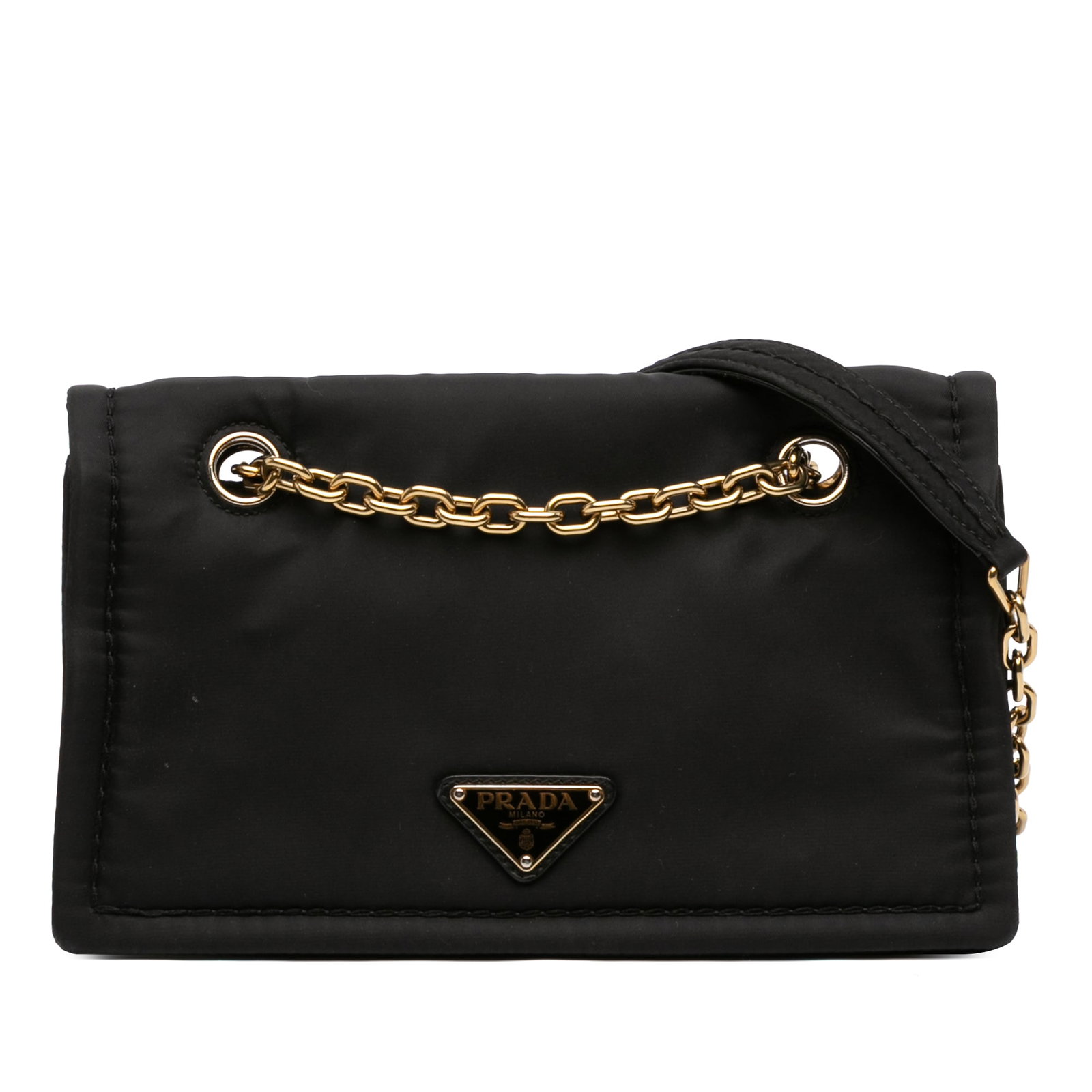Prada Tessuto black nylon chain flap crossbody bag: Prada Tessuto black nylon chain flap crossbody bag This Prada Tessuto Chain Flap Crossbody bag features a black nylon body with a gold-tone chain link strap and a comfortable shoulder pad. It is desig