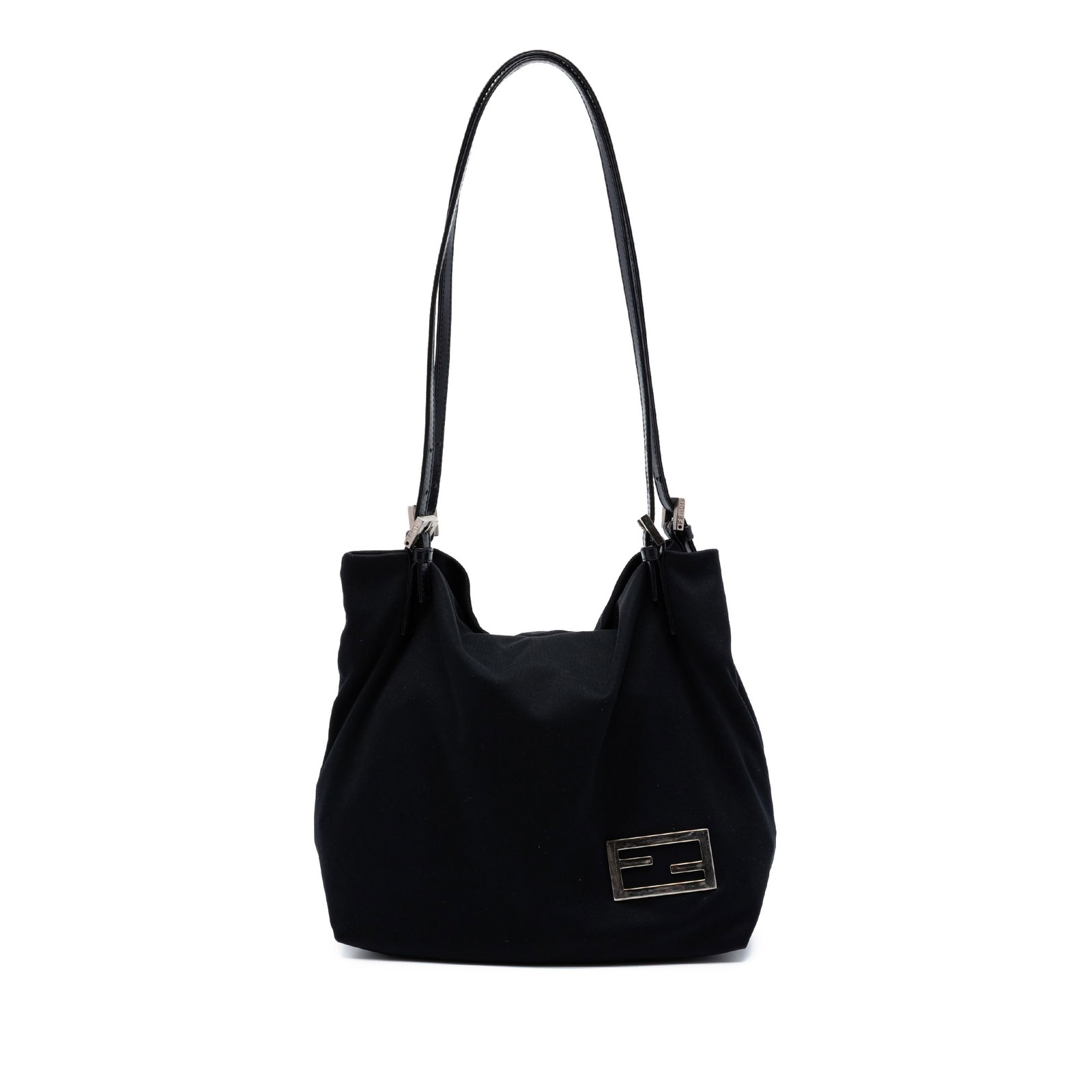 Fendi black fabric tote with leather handles: Fendi black fabric tote with leather handles This Fendi tote bag is crafted from black nylon with flat leather handles. It features an open top secured by a magnetic snap button closure and includes a