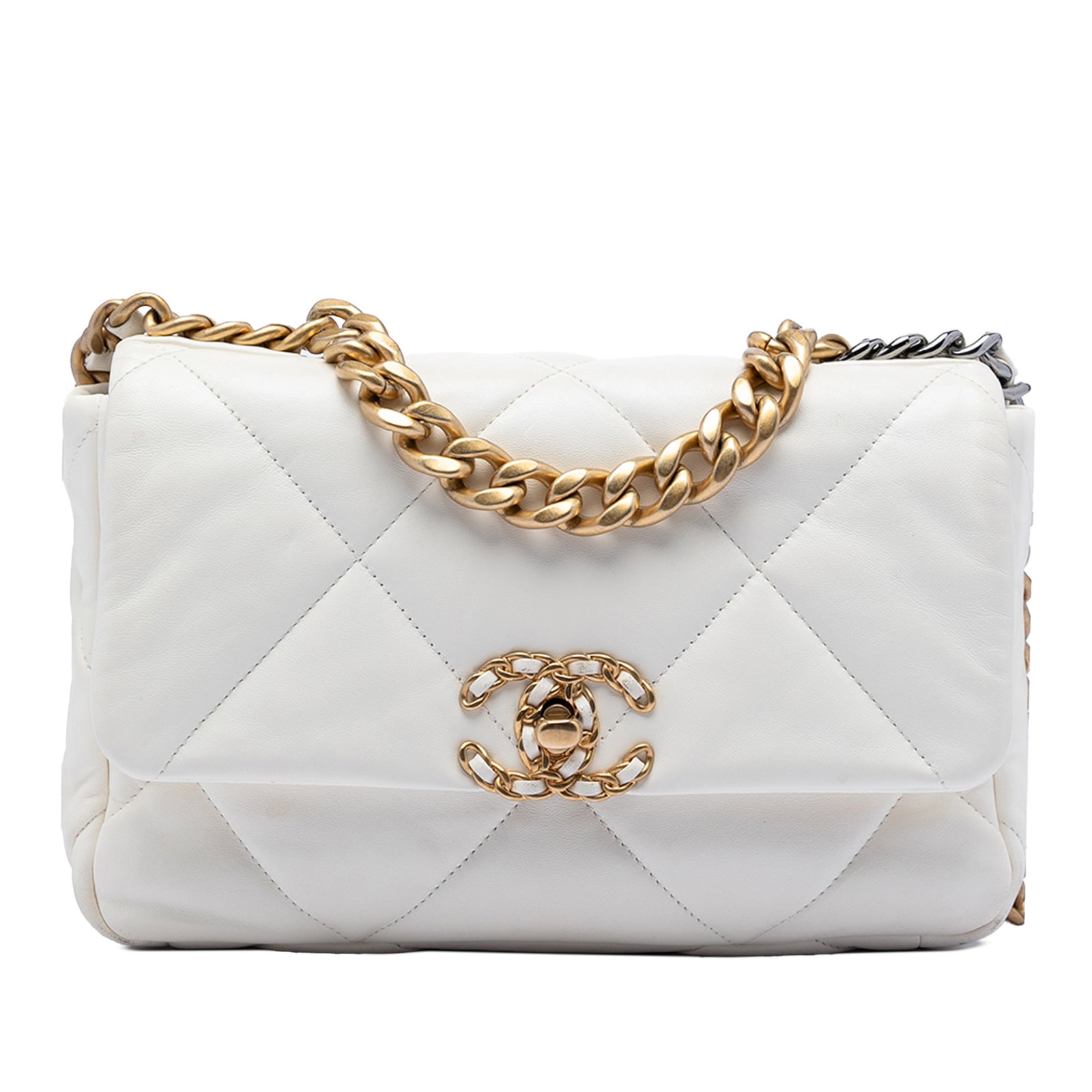 Chanel 19 Medium White Quilted Lambskin Flap Bag with Gold Chain: Chanel 19 Medium White Quilted Lambskin Flap Bag with Gold Chain This Chanel Medium Lambskin 19 Flap bag features a quilted lambskin leather body in white, complemented by a gold-tone chain handle and