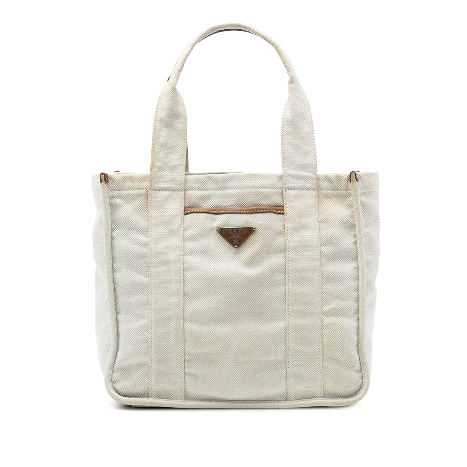 Prada Canapa Canvas Tote Bag with Interior Zip Pocket: Prada Canapa Canvas Tote Bag with Interior Zip Pocket This Prada Canvas Canapa Tote features a sturdy canvas body, flat handles, an open top design, and an interior zip pocket. The bag is in pre-owned