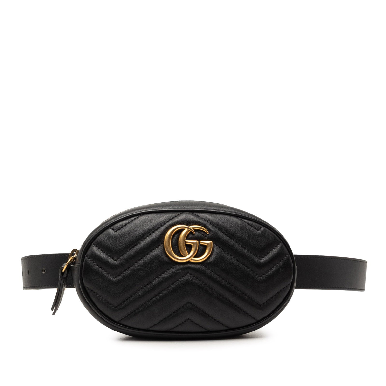 Gucci GG Marmont Quilted Black Leather Belt Bag with Adjustable Strap: Gucci GG Marmont Quilted Black Leather Belt Bag with Adjustable Strap This Gucci GG Marmont Matelasse Leather Belt Bag features a quilted leather body in black, an adjustable flat leather waist strap,