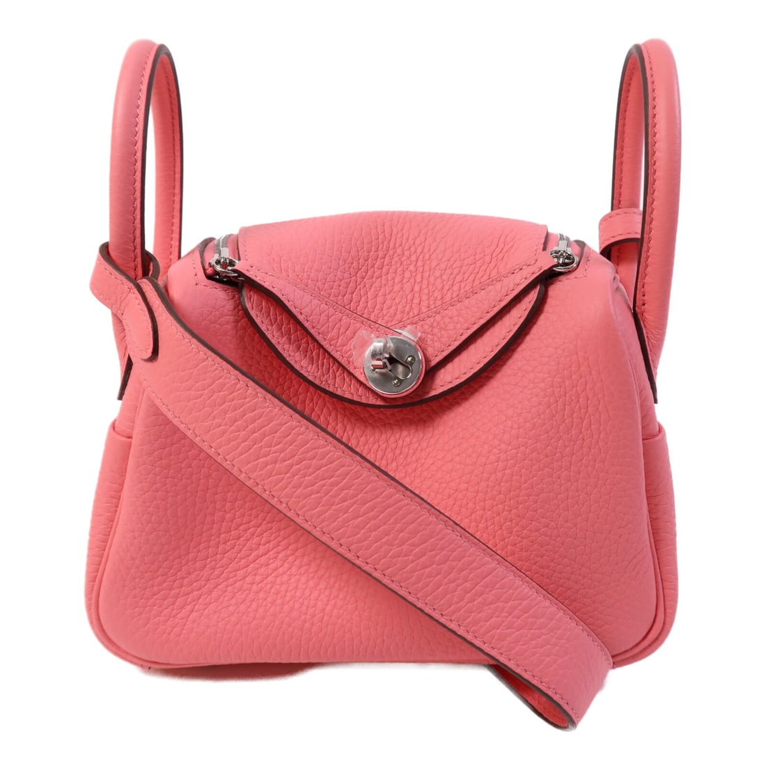 Mini Lindy Pink Clemence Leather Shoulder Bag with Palladium by Hermes: Mini Lindy Pink Clemence Leather Shoulder Bag with Palladium by Hermes This Hermes Mini Lindy 2-way shoulder bag is crafted from Clemence leather in a vibrant Rose Azalee pink shade. Featuring a versa