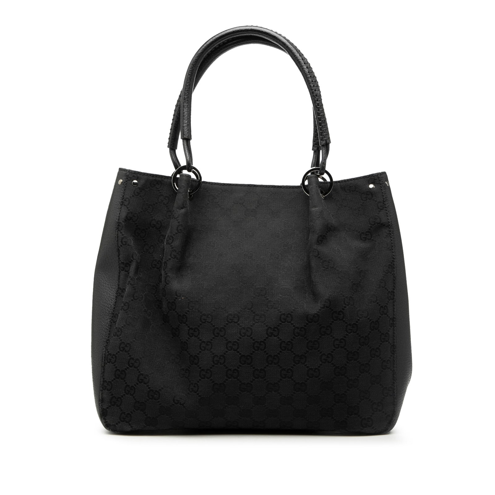 Gucci GG Canvas Black Tote Bag Leather Straps: Gucci GG Canvas Black Tote Bag Leather Straps This Gucci GG Canvas Tote features a black fabric body with signature GG canvas detailing, complemented by rolled leather straps and an open top secured w
