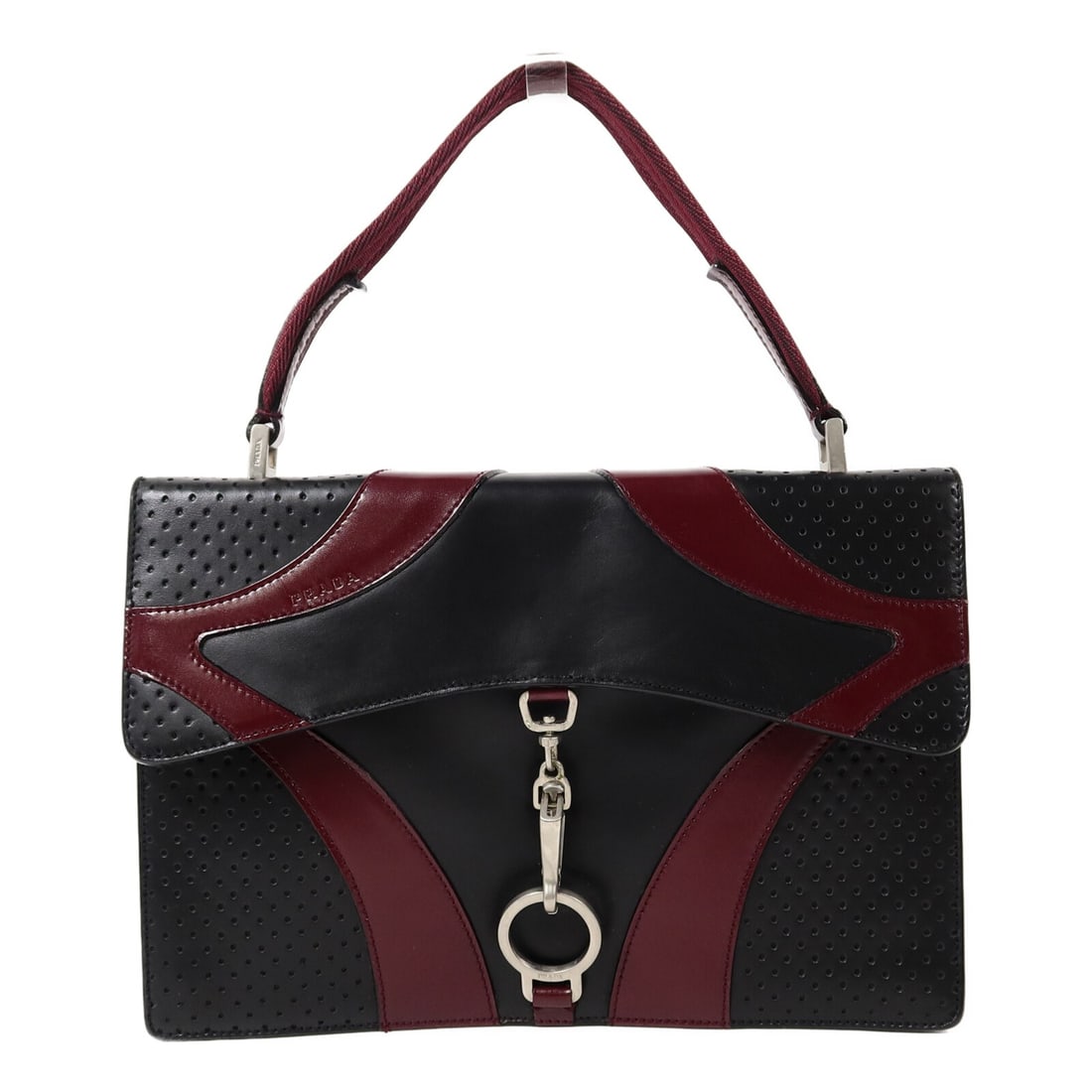 Prada Vitello Drive Calfskin Black Red Handbag: Prada Vitello Drive Calfskin Black Red Handbag This PRADA Vitello Drive Handle Bag is crafted from high-quality calfskin leather in a striking black and red color combination. Designed for women, it f