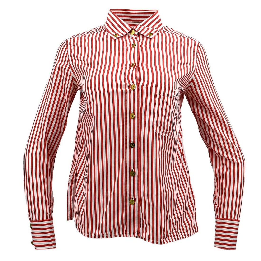 Vintage Chanel Red and White Button-Up Long Sleeve Shirt: Vintage Chanel Red and White Button-Up Long Sleeve Shirt Elevate your casual wardrobe with this vintage Chanel shirt blouse featuring a striking white and red color scheme. Designed with long sleeves 