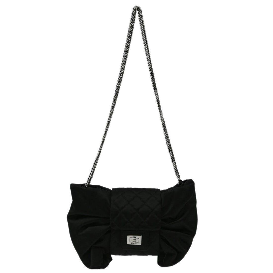 CHANEL Black Satin Mini Shoulder Bag with Bow: CHANEL Black Satin Mini Shoulder Bag with Bow This Chanel Black Satin Bow Shoulder Bag is crafted in Italy from luxurious satin and features a mini size with a stylish bow detail. The bag is designed 