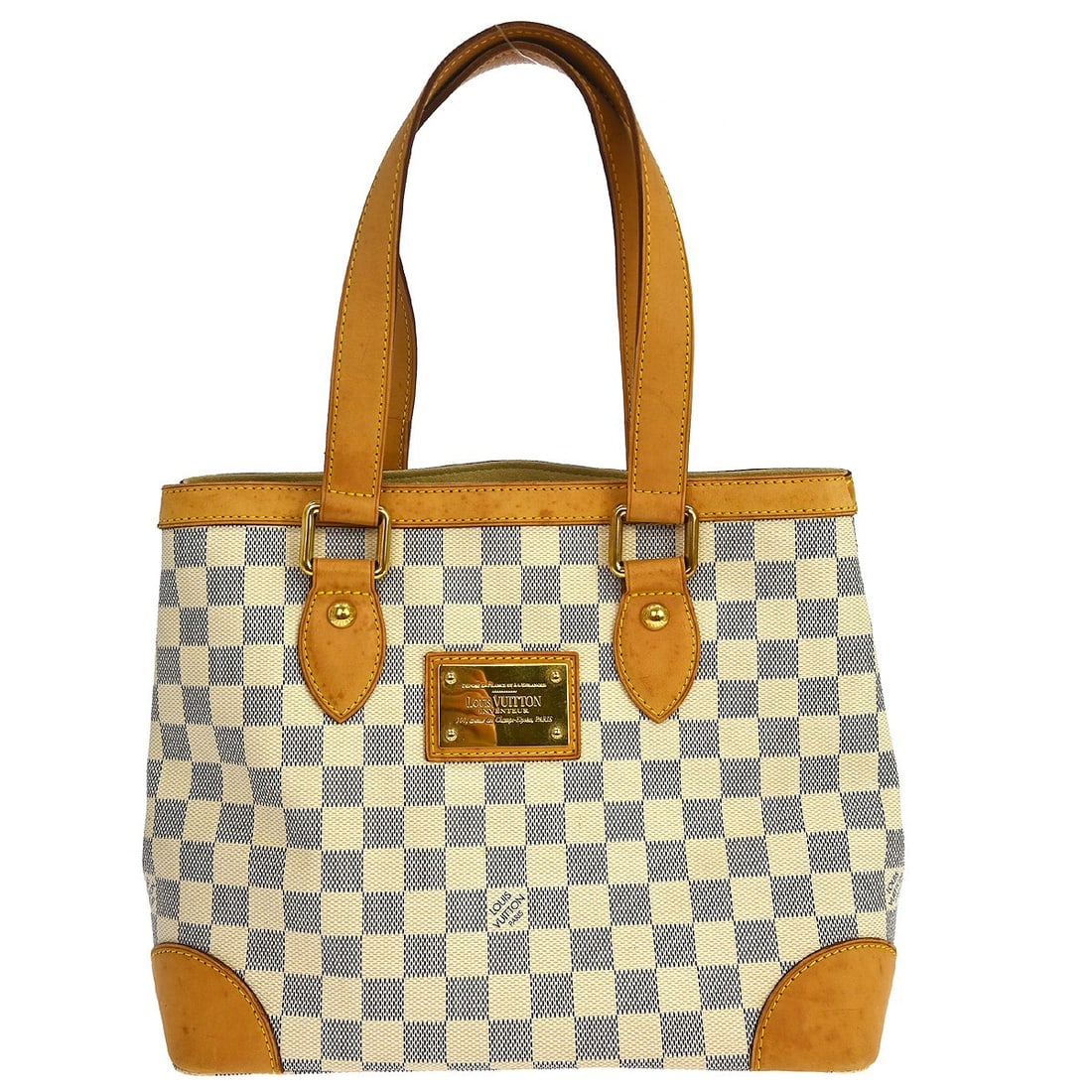 Louis Vuitton Damier Azur Hampstead PM handbag: Louis Vuitton Damier Azur Hampstead PM handbag This Louis Vuitton Hampstead PM handbag features the iconic Damier Azur checked canvas leather exterior, complemented by double handles and a secure hook