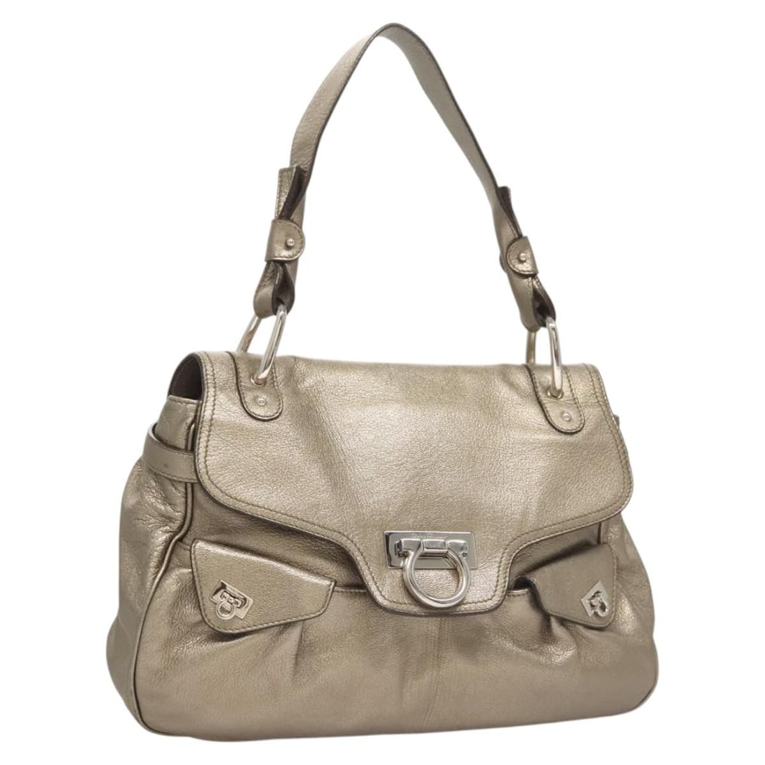 Salvatore Ferragamo Gancini leather shoulder bag champagne gold silver: Salvatore Ferragamo Gancini leather shoulder bag champagne gold silver This Salvatore Ferragamo Gancini shoulder bag is crafted from leather in a sophisticated champagne gold and silver color combinat