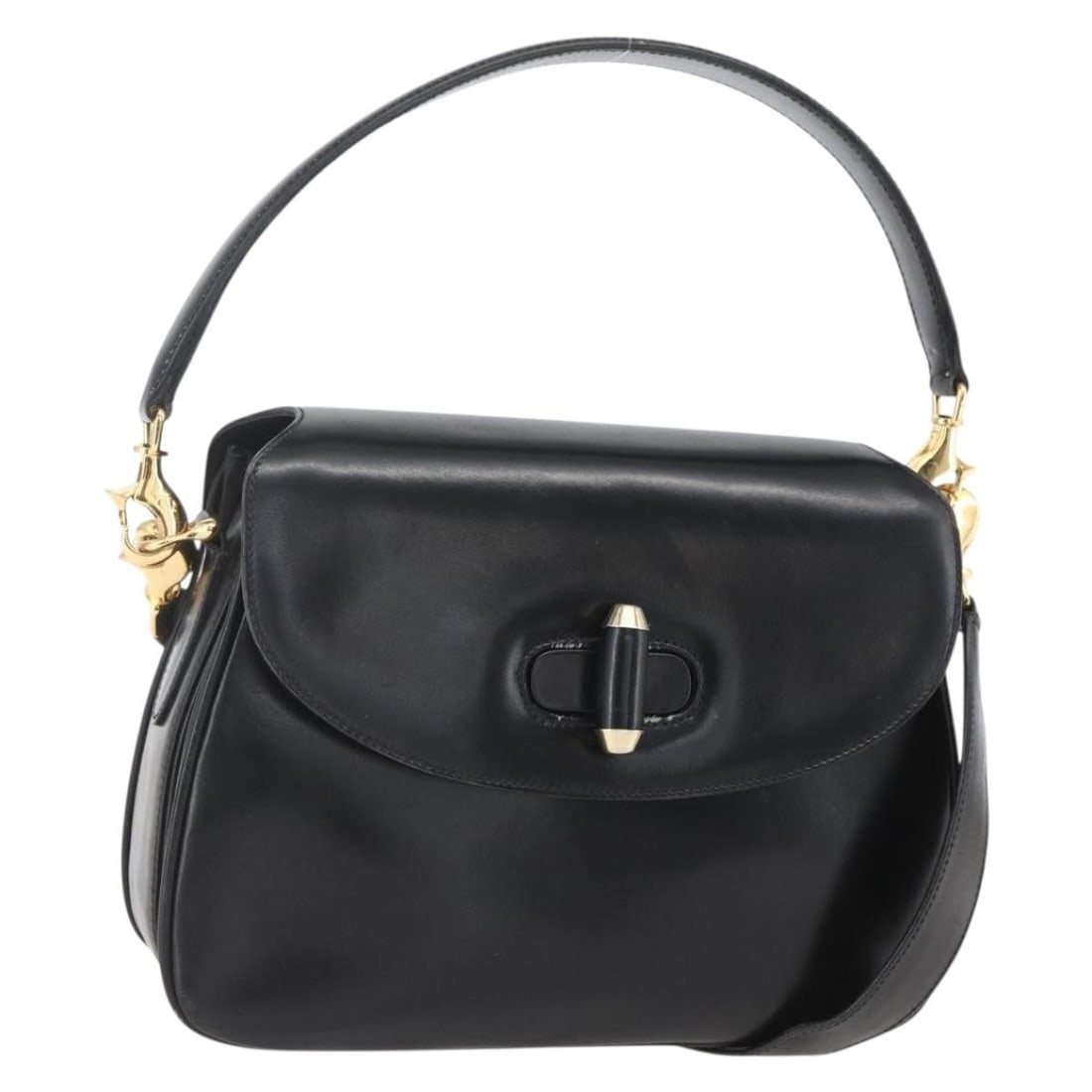 Gucci Black Leather 001 4214 Shoulder Bag with Gold Accents and Mirror: Gucci Black Leather 001 4214 Shoulder Bag with Gold Accents and Mirror This authentic GUCCI shoulder bag features a black leather exterior with gold-tone accents. Designed in Italy, the bag offers a c
