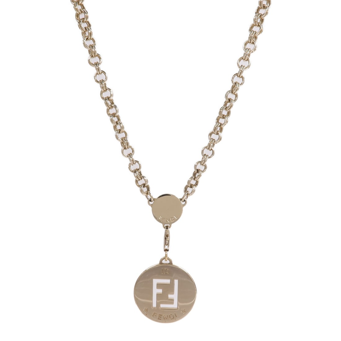 FENDI Gold Tone Identification Pendant Necklace: FENDI Gold Tone Identification Pendant Necklace This FENDI Identification pendant necklace features a gold-tone finish and is designed for women. Crafted in Italy, it showcases a minimalist pendant an