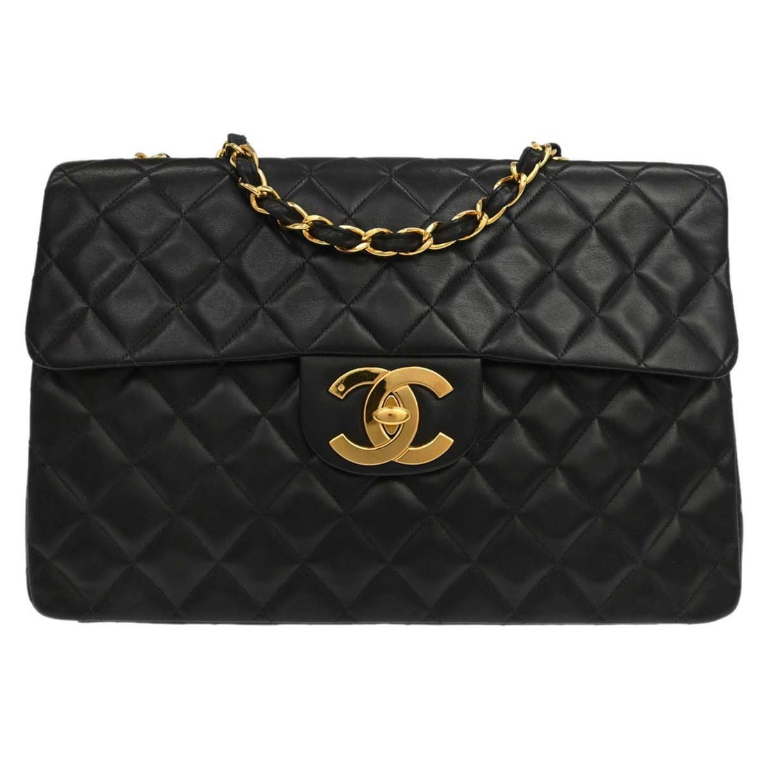 CHANEL Classic Flap Black Lambskin Double Chain Shoulder Bag: CHANEL Classic Flap Black Lambskin Double Chain Shoulder Bag This Chanel Maxi Classic Flap Shoulder Bag features luxurious black lambskin leather with a signature quilted matelasse pattern. The bag is