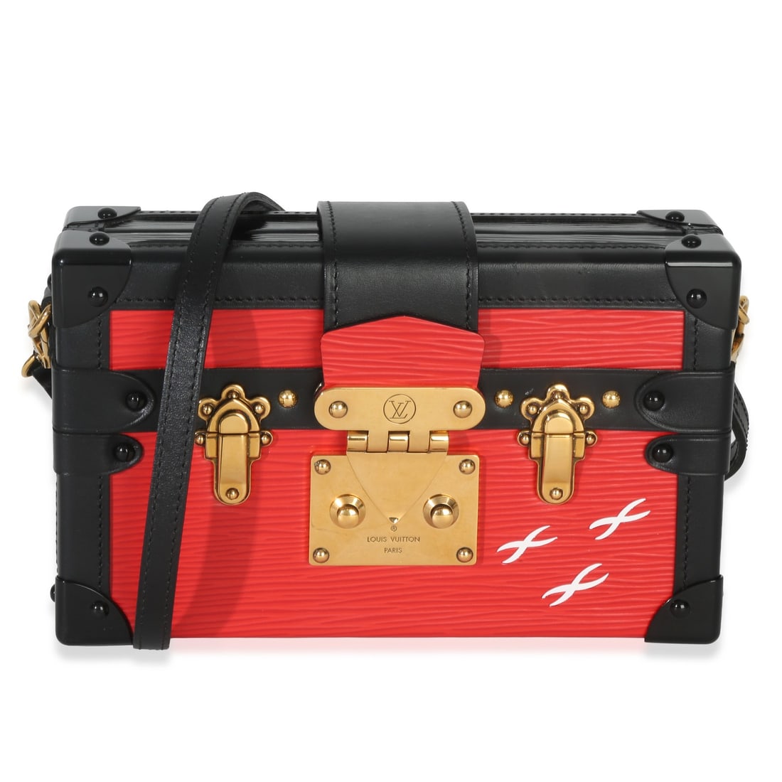 Louis Vuitton Red Epi Petite Malle Clutch with Dustbag: Louis Vuitton Red Epi Petite Malle Clutch with Dustbag This Louis Vuitton Red Epi Petite Malle bag features a structured silhouette crafted from red Epi leather with gold-tone hardware. The bag is des