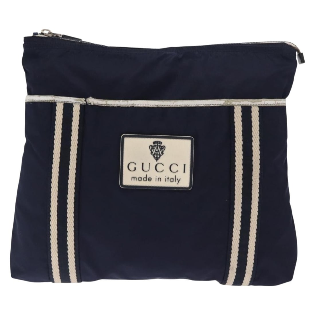 Gucci Navy Nylon Shoulder Bag Vintage Model for Women: Gucci Navy Nylon Shoulder Bag Vintage Model for Women This Gucci vintage shoulder bag for women features navy nylon material with metal fittings. The bag shows signs of wear including surface deformat