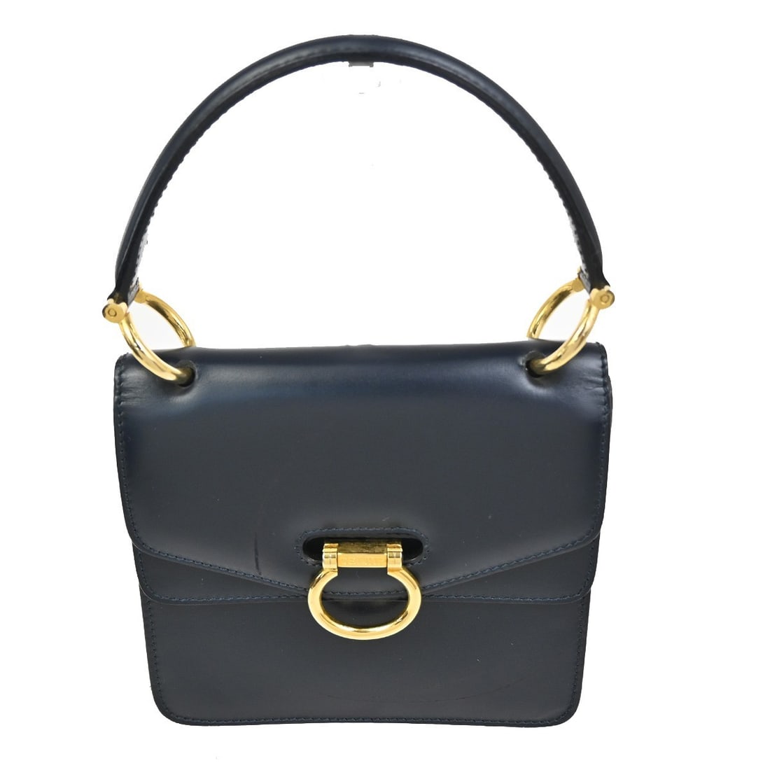 Celine Gancini Navy Leather Handbag for Women: Celine Gancini Navy Leather Handbag for Women This Celine Gancini handbag features a navy leather exterior and is designed for women. The bag is pre-owned and in good condition, with noticeable scratc
