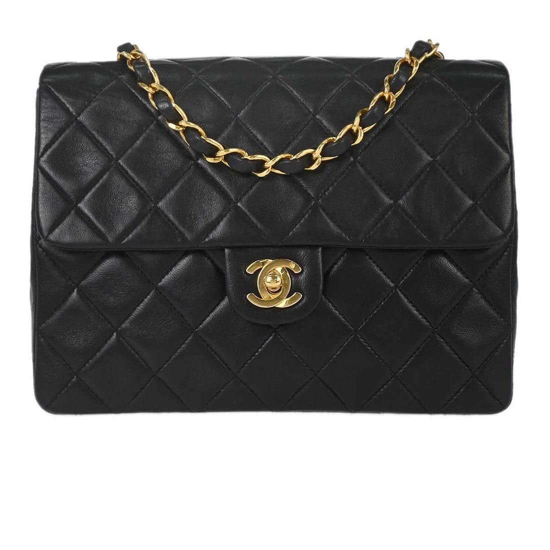 Chanel Classic Flap black lambskin crossbody shoulder bag 20 in strap: Chanel Classic Flap black lambskin crossbody shoulder bag 20 in strap This Chanel Classic Square Flap Shoulder Bag features luxurious black lambskin leather with a signature matelasse quilted pattern.