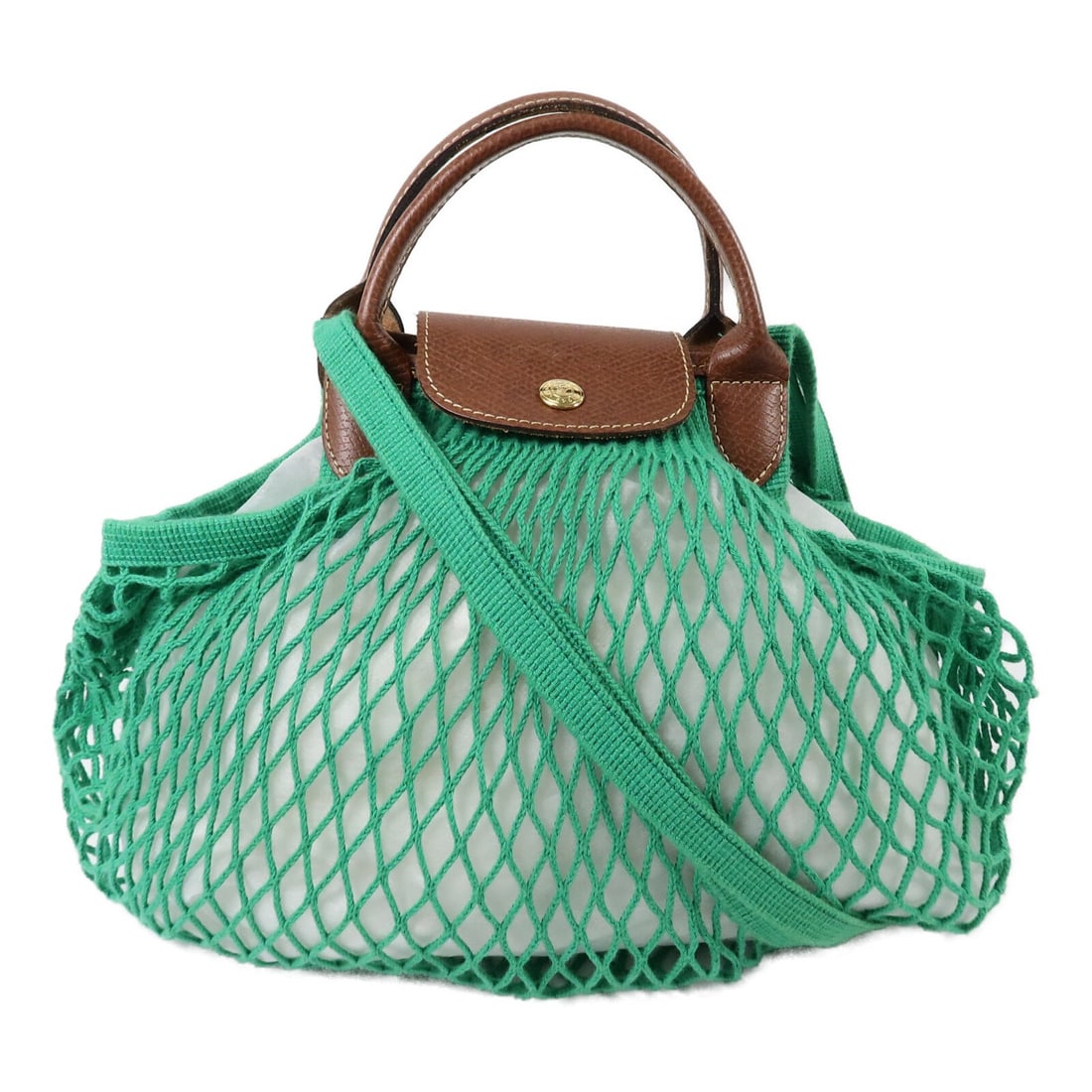 Longchamp Le Pliage Filet L Green Cotton Leather Shoulder Bag: Longchamp Le Pliage Filet L Green Cotton Leather Shoulder Bag This Longchamp Le Pliage Filet L 2-way shoulder bag features a versatile design crafted from green cotton with leather accents. The bag of