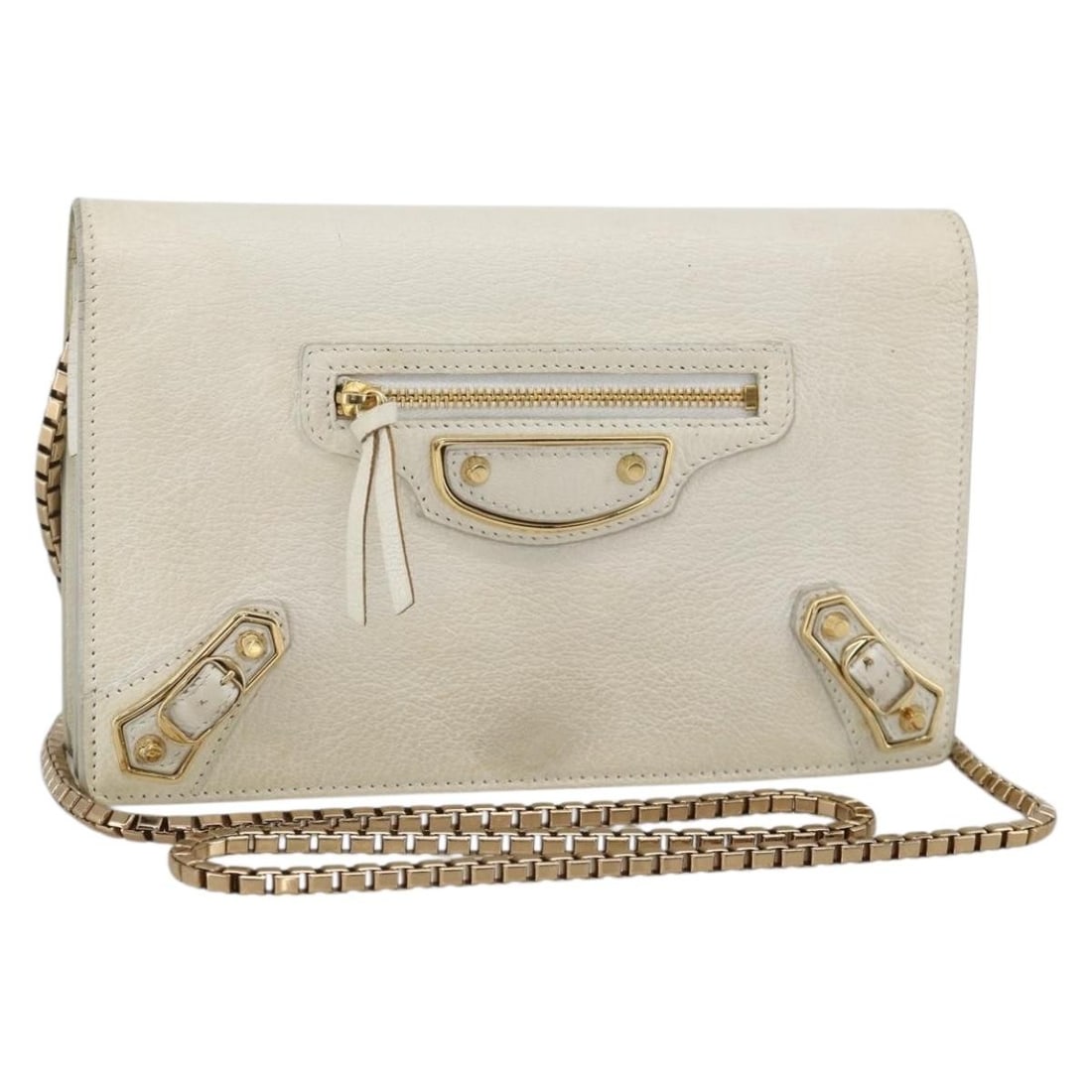 White Leather Chain Wallet Shoulder Bag by Balenciaga 444169 Gold Hardware: White Leather Chain Wallet Shoulder Bag by Balenciaga 444169 Gold Hardware This Balenciaga chain wallet is crafted from white and gold leather and designed as a shoulder bag. It features a compact sil
