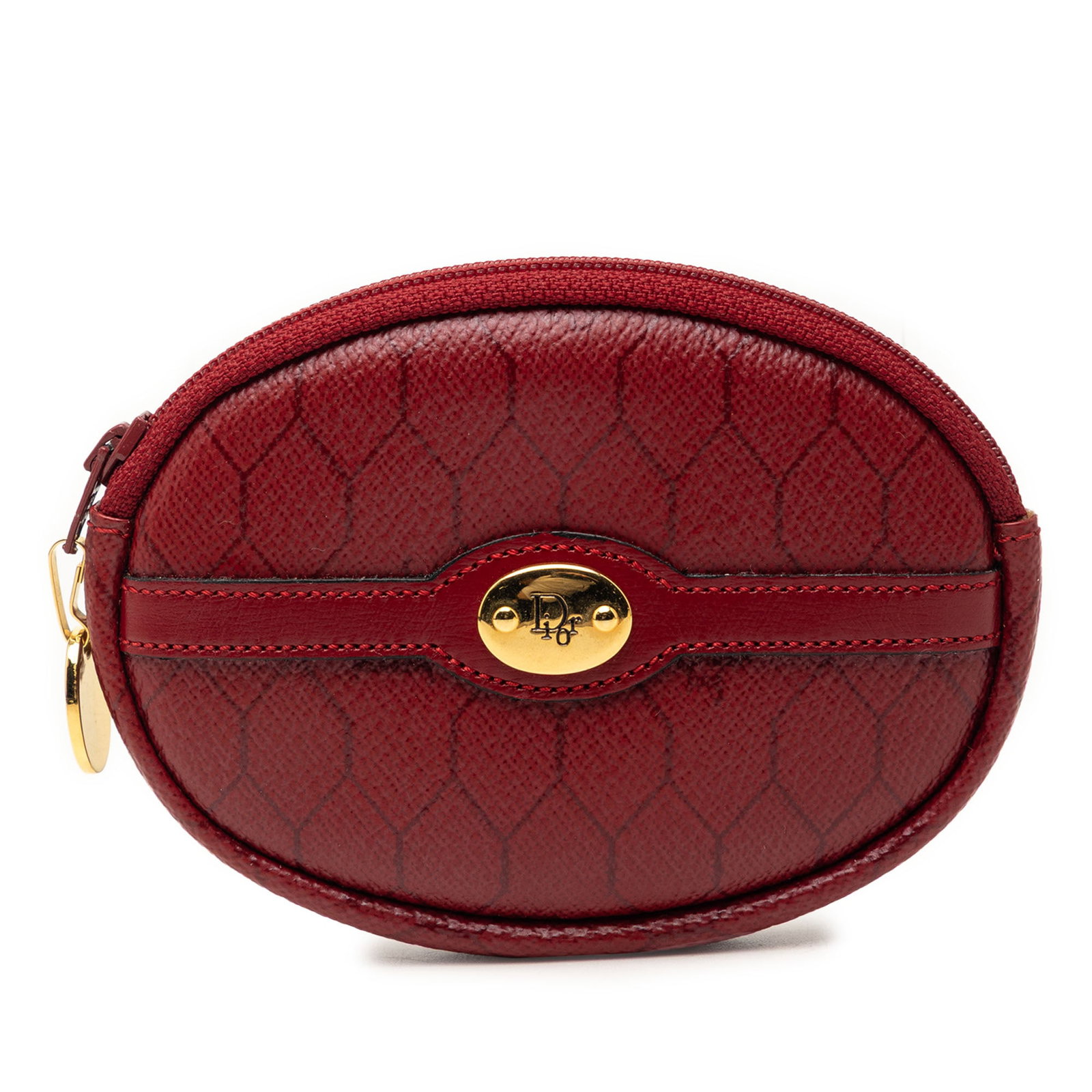 Dior Honeycomb Canvas Coin Pouch with Leather Trim: Dior Honeycomb Canvas Coin Pouch with Leather Trim This Dior Honeycomb coin pouch is crafted from coated canvas with leather trim and features a top zip closure. The pouch comes in a red color and is 
