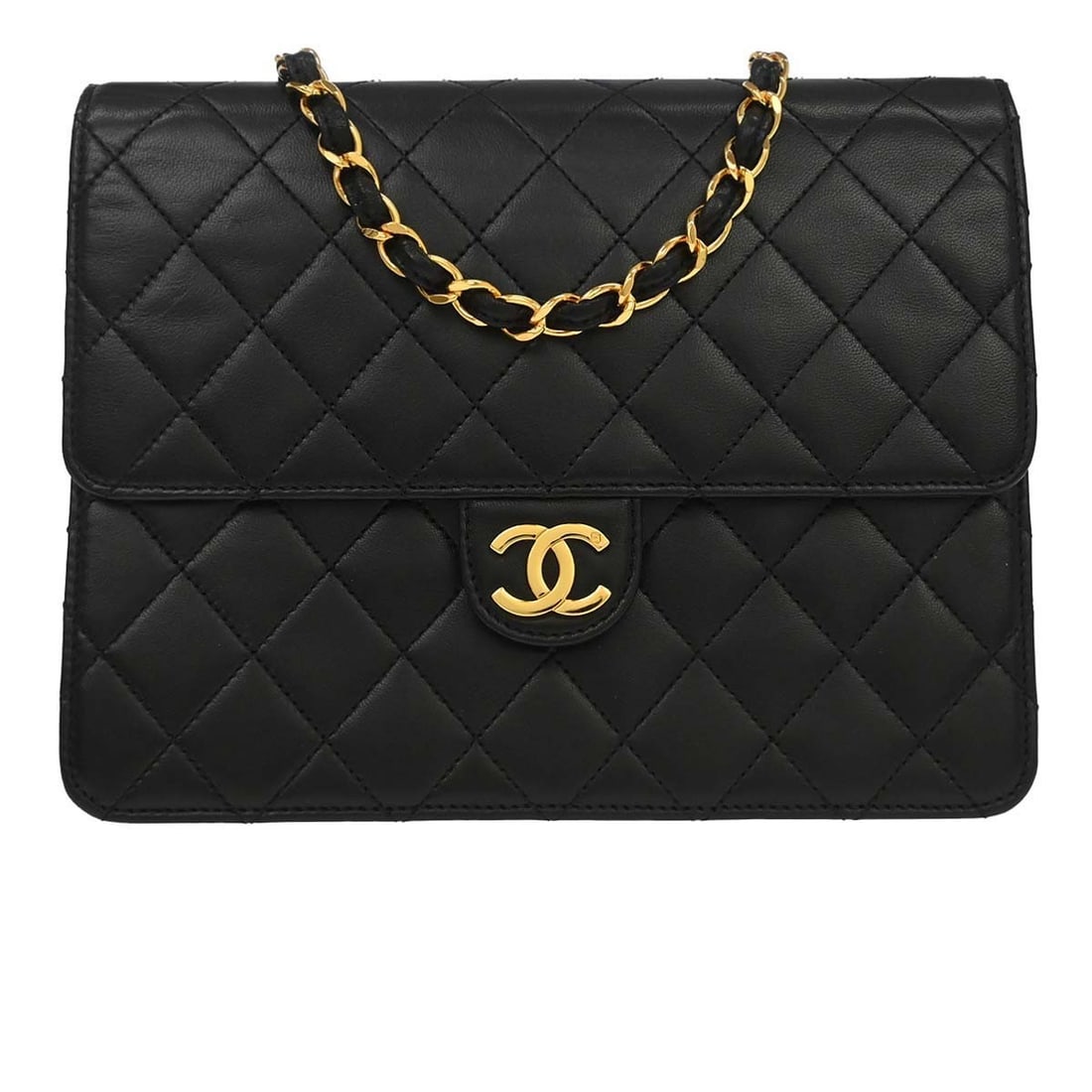 Chanel Classic Single Flap Black Lambskin Shoulder Bag: Chanel Classic Single Flap Black Lambskin Shoulder Bag This Chanel small shoulder bag is crafted from black lambskin leather and features a classic quilted design. It is equipped with a gold-tone turn