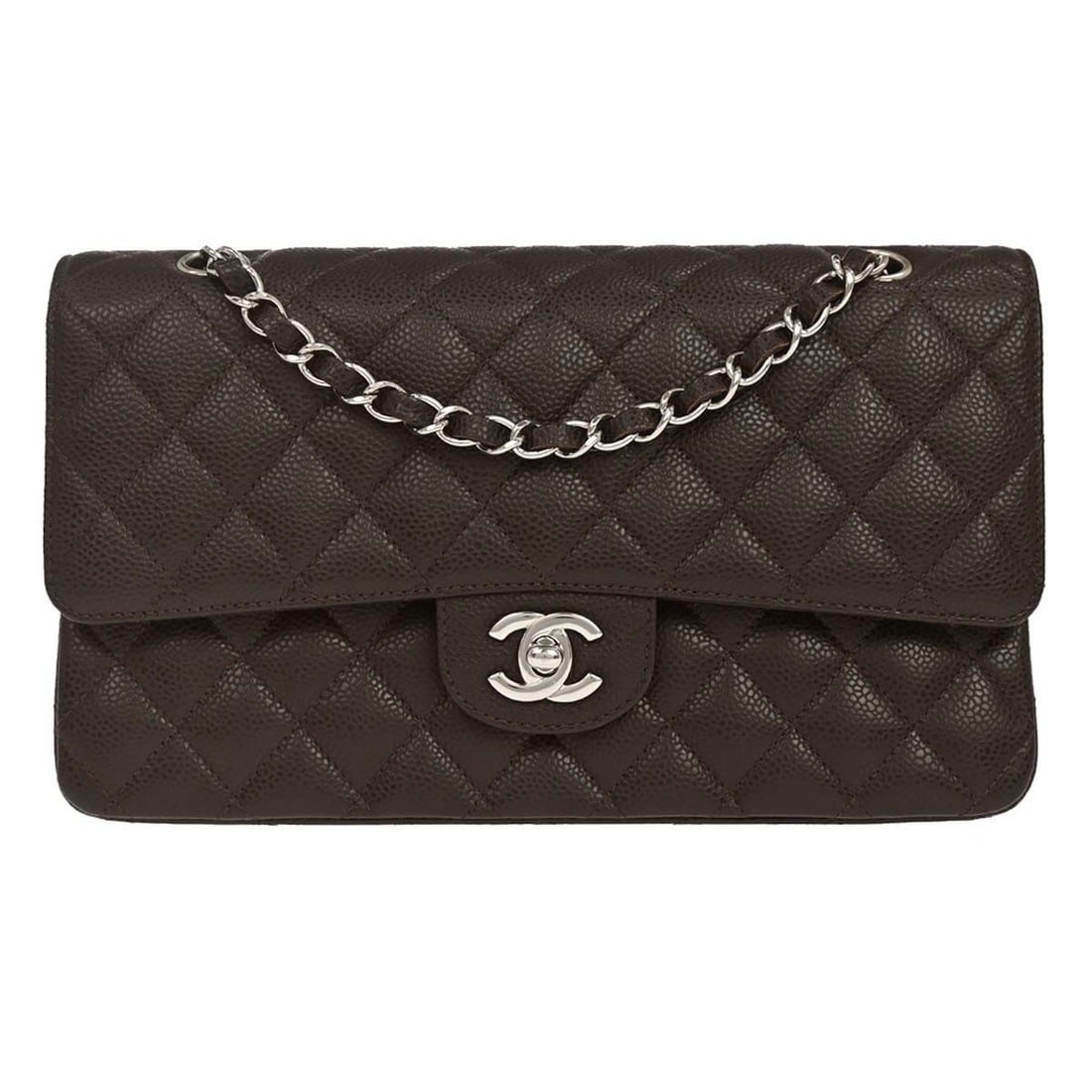 CHANEL Classic Flap Medium Black Calfskin Shoulder Bag: CHANEL Classic Flap Medium Black Calfskin Shoulder Bag This is a medium-sized Chanel Classic Double Flap shoulder bag crafted from leather. It features a turn lock closure, a shoulder strap with a ver