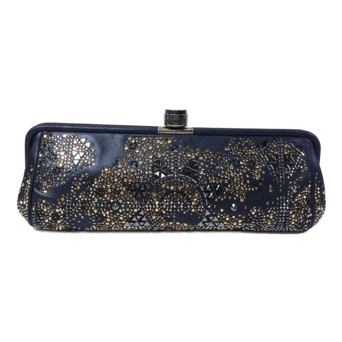 CHANEL Navy Crystal Clutch Metiers d'Art Goatskin Leather: CHANEL Navy Crystal Clutch Metiers d'Art Goatskin Leather This CHANEL Metiers d'Art Crystal Clutch Handbag features the iconic CC logo, crafted from luxurious navy goatskin leather and adorned with cr