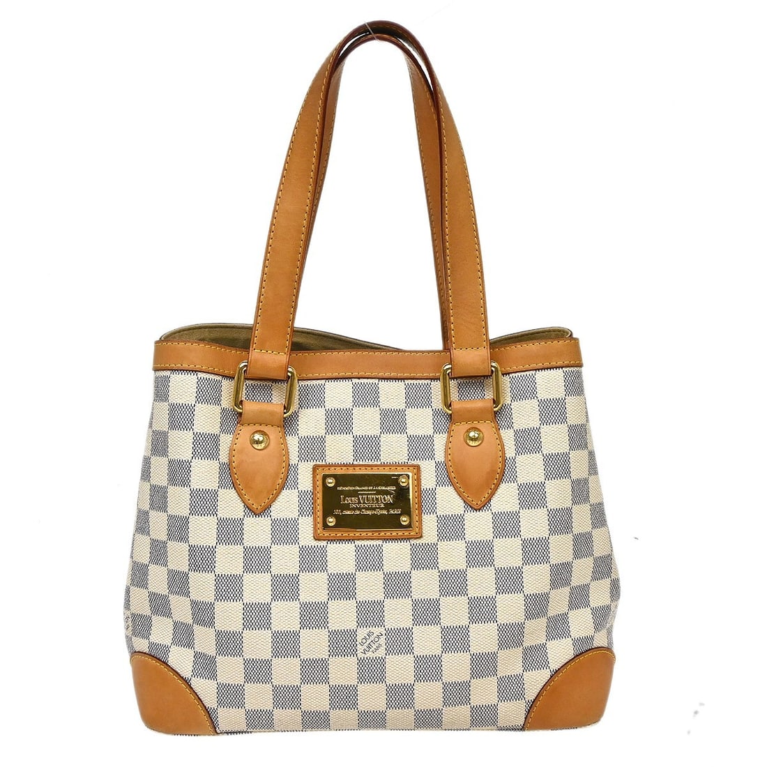 Louis Vuitton Damier Azur Hampstead PM tote bag: Louis Vuitton Damier Azur Hampstead PM tote bag This Louis Vuitton Hampstead PM hand tote bag features the iconic Damier Azur canvas leather exterior with a classic check pattern and logo accents. Des