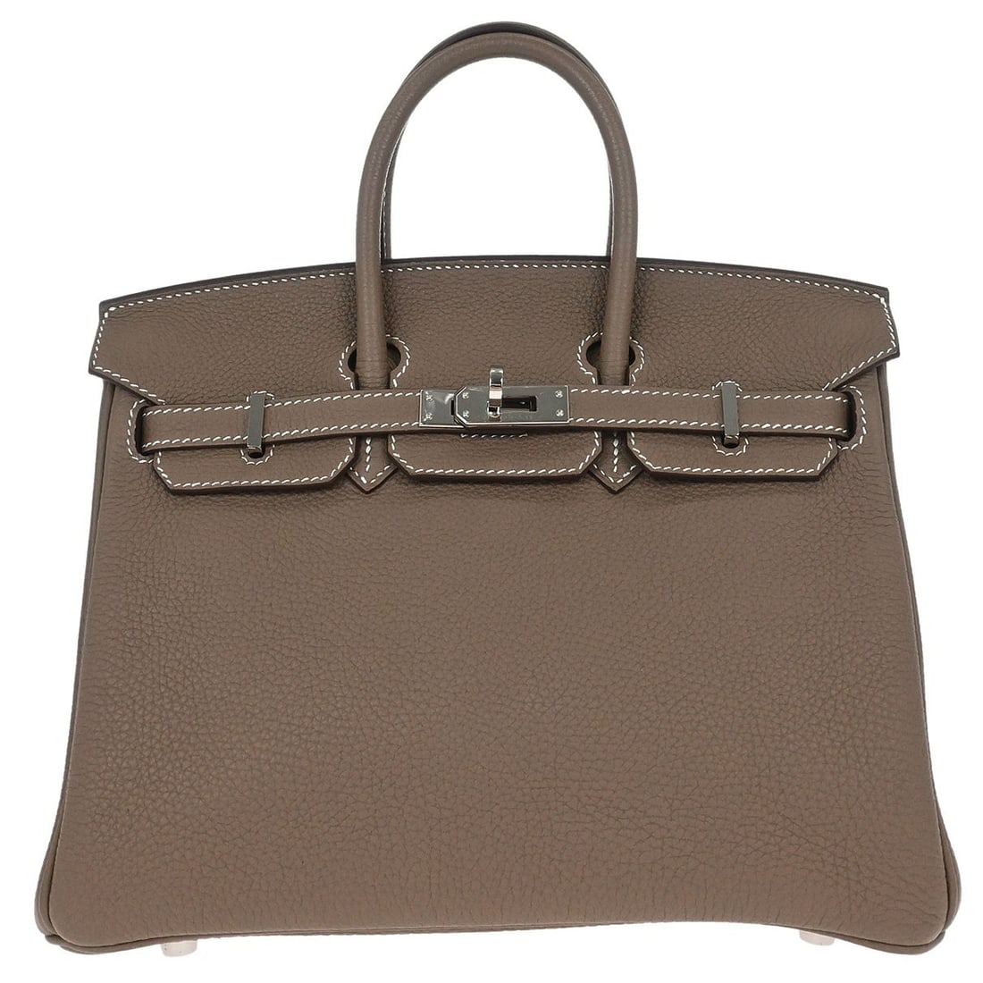 Hermes Birkin 25 Etoupe Leather Top Handle Bag: Hermes Birkin 25 Etoupe Leather Top Handle Bag This Hermes Birkin 25 handbag features Etoupe gray Togo leather with a turnlock closure and double handles. The bag is accented with lock studs and inclu