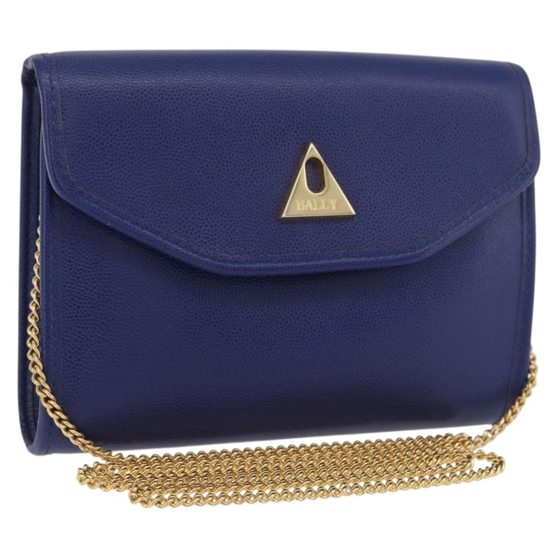 Bally Blue Leather Shoulder Bag with Gold Chain Strap: Bally Blue Leather Shoulder Bag with Gold Chain Strap This BALLY women's chain shoulder bag features a blue and gold leather exterior. It offers a compact design with an approximate width of 17cm, hei