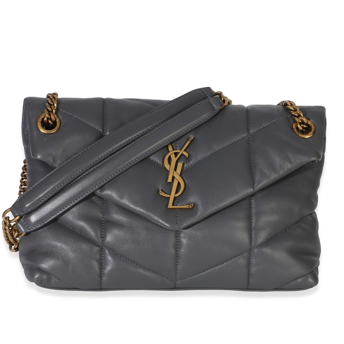 Saint Laurent Lambskin Puffer Small LouLou Gray Chain Satchel: Saint Laurent Lambskin Puffer Small LouLou Gray Chain Satchel This Saint Laurent Small Loulou Puffer Chain Satchel features luxurious quilted lambskin leather in a sophisticated gray hue. The bag is d
