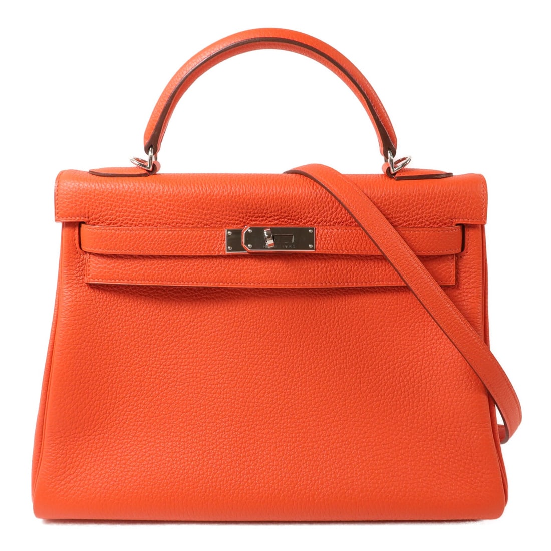 Hermes Kelly 32 Togo Leather Orange 2 Way Shoulder Bag PHW: Hermes Kelly 32 Togo Leather Orange 2 Way Shoulder Bag PHW This Hermes Kelly 32 2-way shoulder bag is crafted from Togo calfskin leather in a vibrant orange hue, known as Capucine. Designed for versat