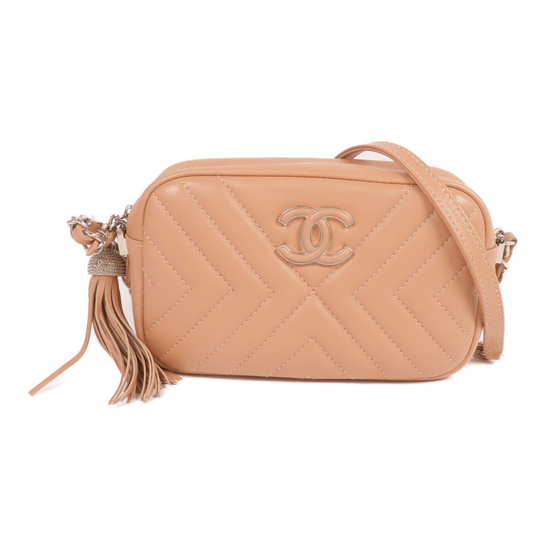 Chanel Lambskin Pink Beige CC Silver Chain Shoulder Bag: Chanel Lambskin Pink Beige CC Silver Chain Shoulder Bag This CHANEL shoulder bag features a classic CC design with silver-tone hardware and is crafted from luxurious lambskin leather in a pink beige c