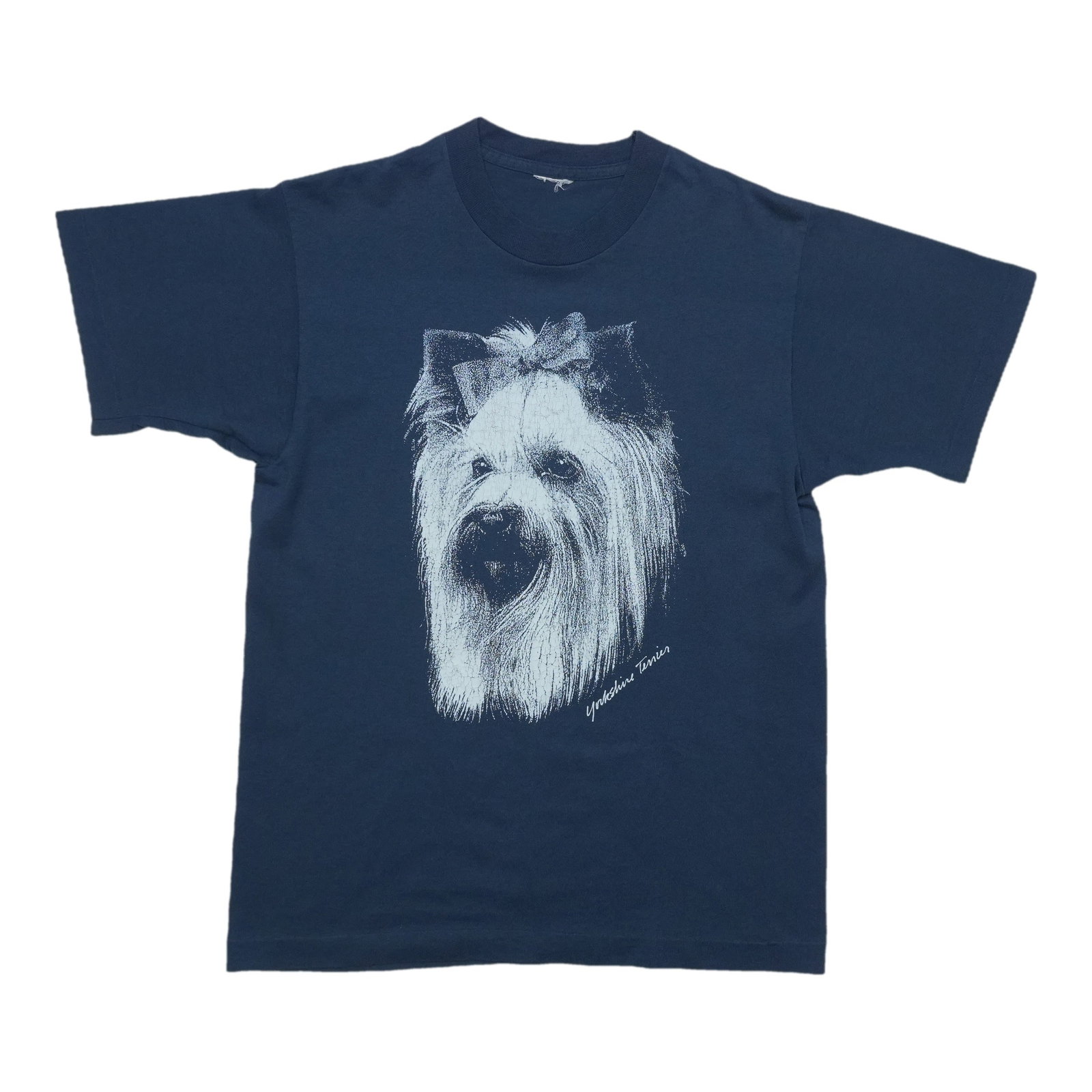 Vintage 1990s Blue Cotton Yorkshire Terrier Graphic T Shirt: Vintage 1990s Blue Cotton Yorkshire Terrier Graphic T Shirt This is an original vintage Yorkshire Terrier shirt from the 1990s. Made from 100% cotton, the shirt is blue in color and features no back g