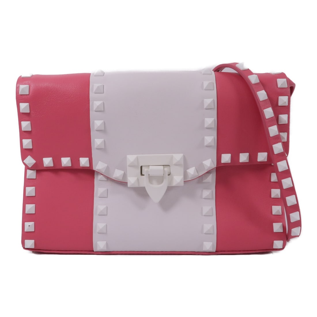 Valentino Pink White Calfskin Rockstud Shoulder Bag: Valentino Pink White Calfskin Rockstud Shoulder Bag This Valentino Rockstud shoulder bag features a stylish combination of pink and white calfskin leather. Designed for women, it offers a sleek silhou