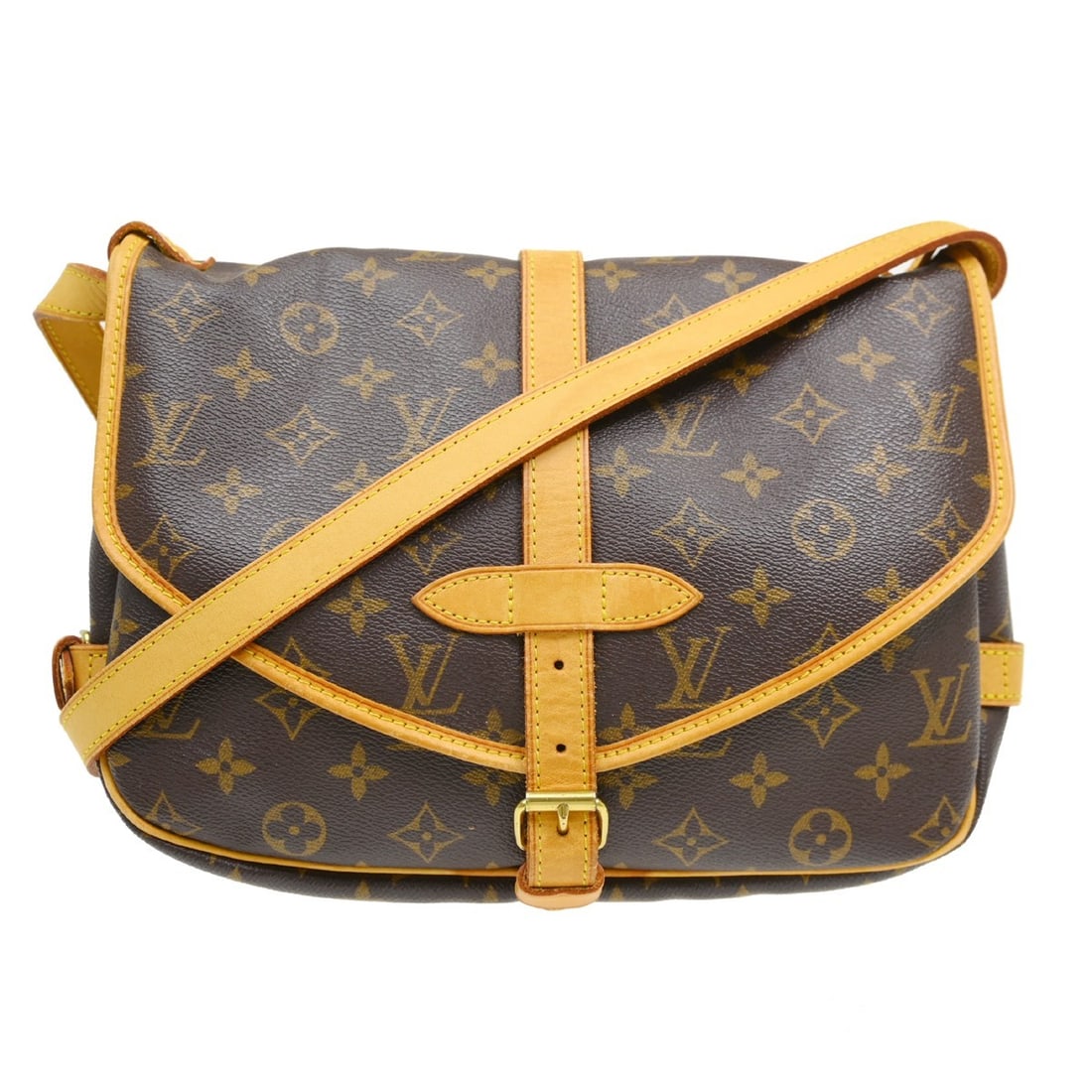 Louis Vuitton Saumur Monogram Canvas Crossbody Bag: Louis Vuitton Saumur Monogram Canvas Crossbody Bag This Louis Vuitton Saumur Handbag features the iconic monogram canvas in brown and is designed for unisex use. The bag shows visible signs of wear, i
