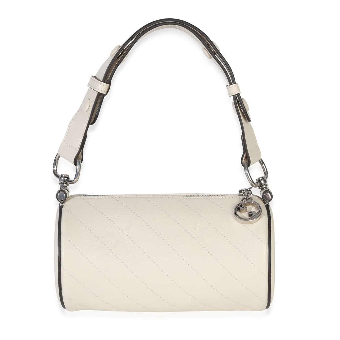 Mini Blondie Barrel White Quilted Leather Top Handle Bag by Gucci: Mini Blondie Barrel White Quilted Leather Top Handle Bag by Gucci This Gucci Mini Blondie Barrel Bag features white diagonal quilted calfskin leather with a top handle design. The bag is accented with
