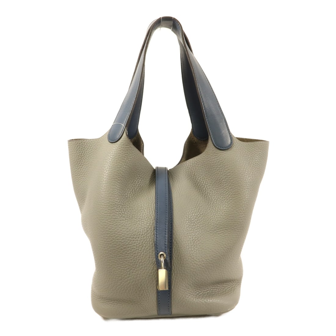 Hermes Picotin MM gray calfskin handbag PHW: Hermes Picotin MM gray calfskin handbag PHW This Hermes Picotin MM tote bag is crafted from Taurillon Clemence calfskin leather in a sophisticated Gris Moue and Bleu Agate color combination. Designed 