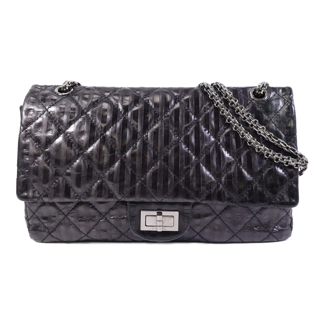CHANEL 2.55 Large Black Calfskin Shoulder Bag with Silver Hardware: CHANEL 2.55 Large Black Calfskin Shoulder Bag with Silver Hardware Elevate your style with this exquisite CHANEL CC SHW 2.55 Large Chain Shoulder Bag. Crafted from luxurious black calfskin leather, th