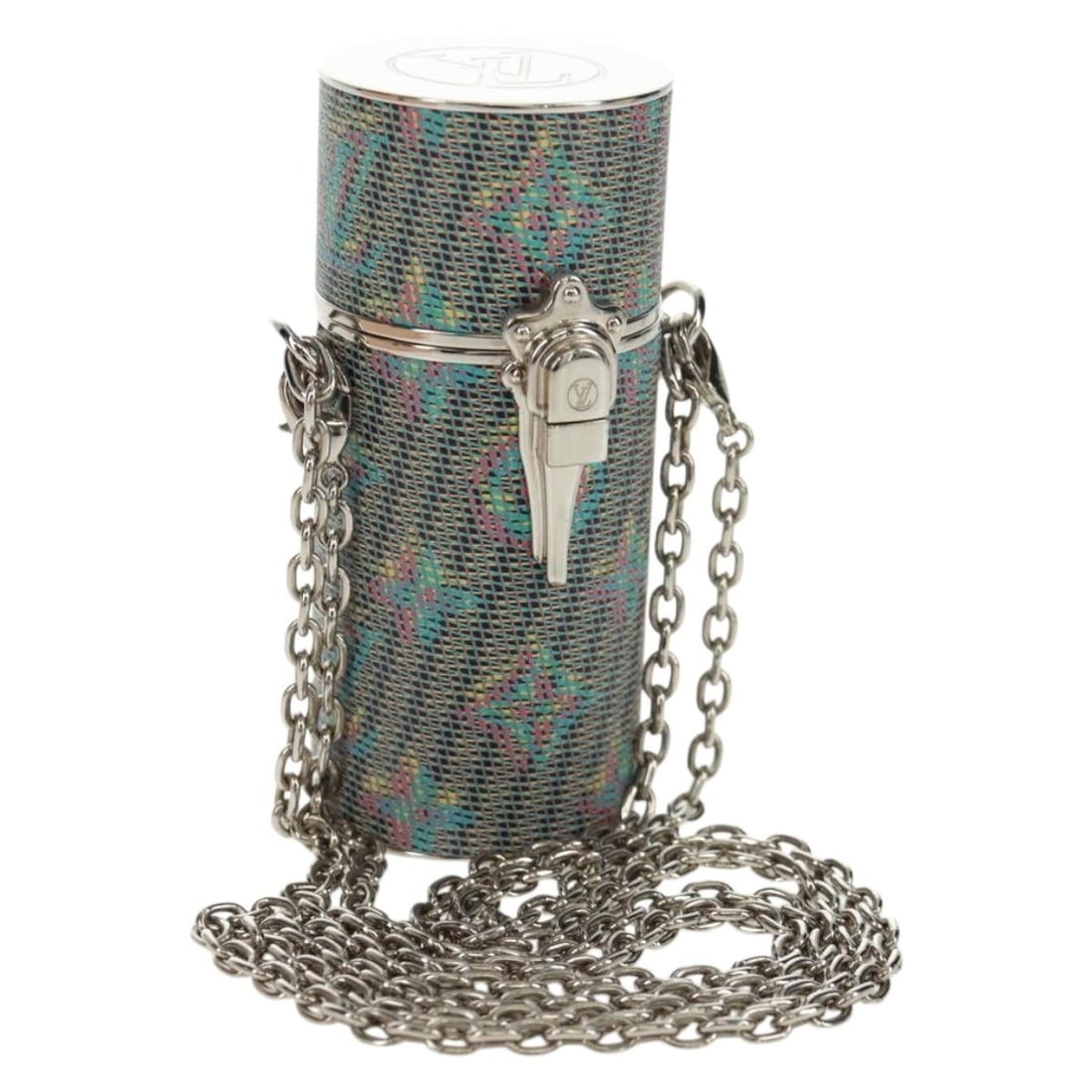 Monogram Canvas LV Pop Silver Lipstick Pouch with Chain by Louis Vuitton MP2516: Monogram Canvas LV Pop Silver Lipstick Pouch with Chain by Louis Vuitton MP2516 This Louis Vuitton Monogram LV Pop Chain Lipstick Case features the iconic monogram canvas in a silver tone. Designed as
