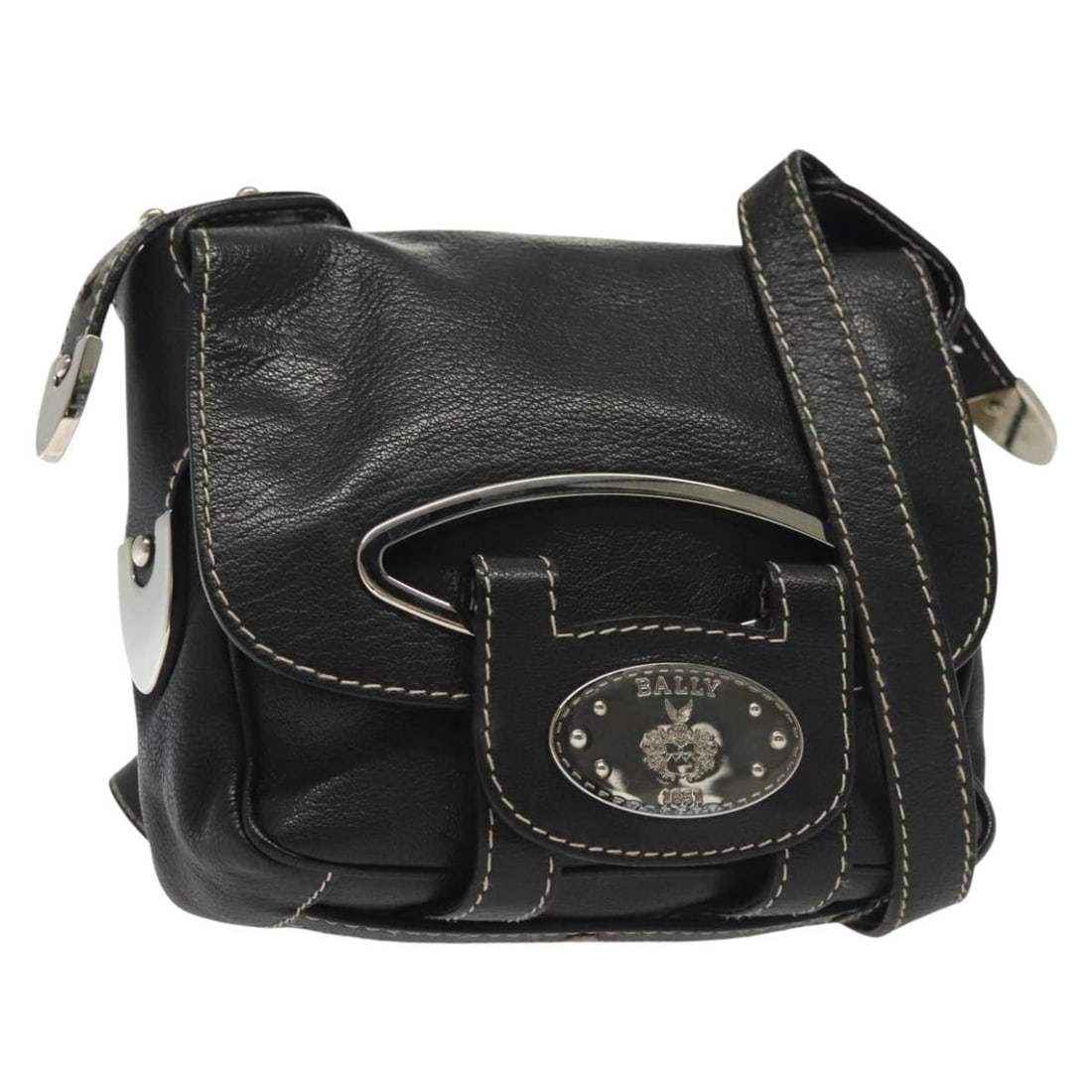 BALLY Black Leather Shoulder Bag Silver Accents Auth BA5493 Italy: BALLY Black Leather Shoulder Bag Silver Accents Auth BA5493 Italy This authentic BALLY shoulder bag combines elegance and practicality with its sleek black leather exterior complemented by silver acce
