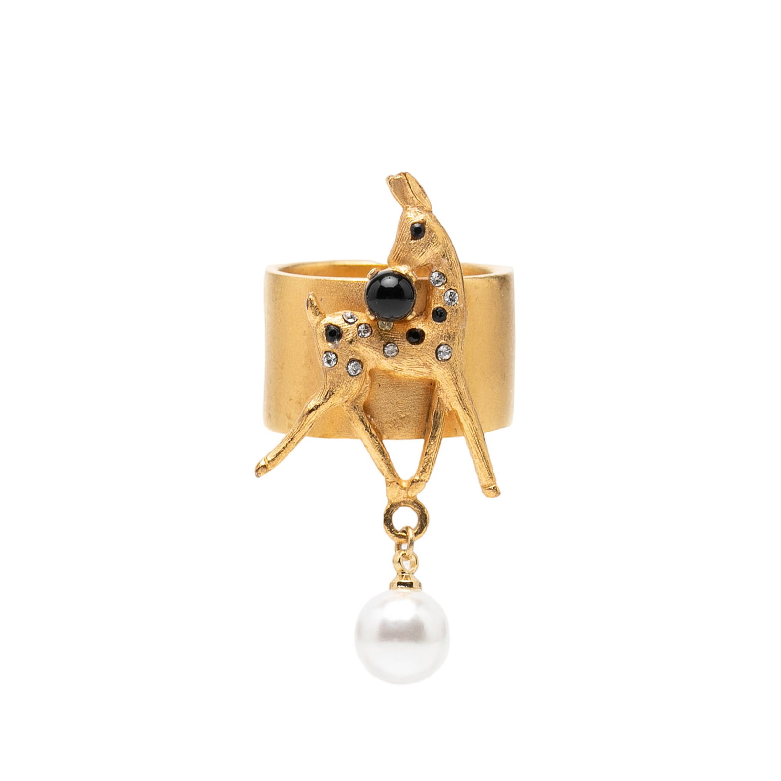 Chanel Bambi Gold Plated Ring with Faux Pearls and Rhinestones: Chanel Bambi Gold Plated Ring with Faux Pearls and Rhinestones This Chanel ring showcases a gold plated metal construction adorned with rhinestone and faux pearl accents. Designed as a statement costu