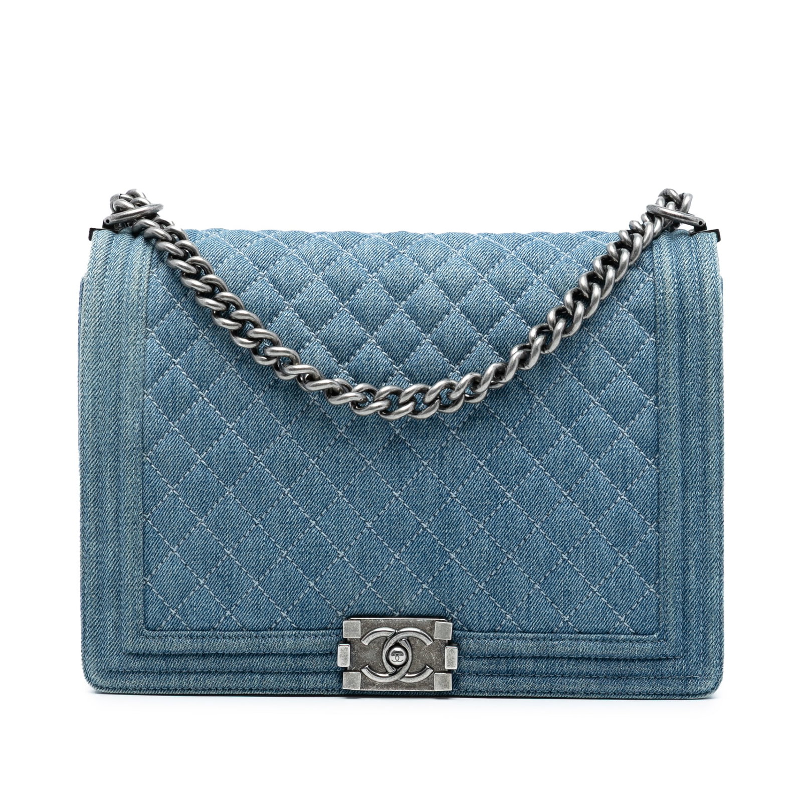 Blue Denim Chanel Boy Bag with Quilted Design and Chain Strap: Blue Denim Chanel Boy Bag with Quilted Design and Chain Strap This Chanel Large Quilted Denim Boy Flap bag features a quilted denim exterior, a chain link strap with an adjustable flat leather guard, 